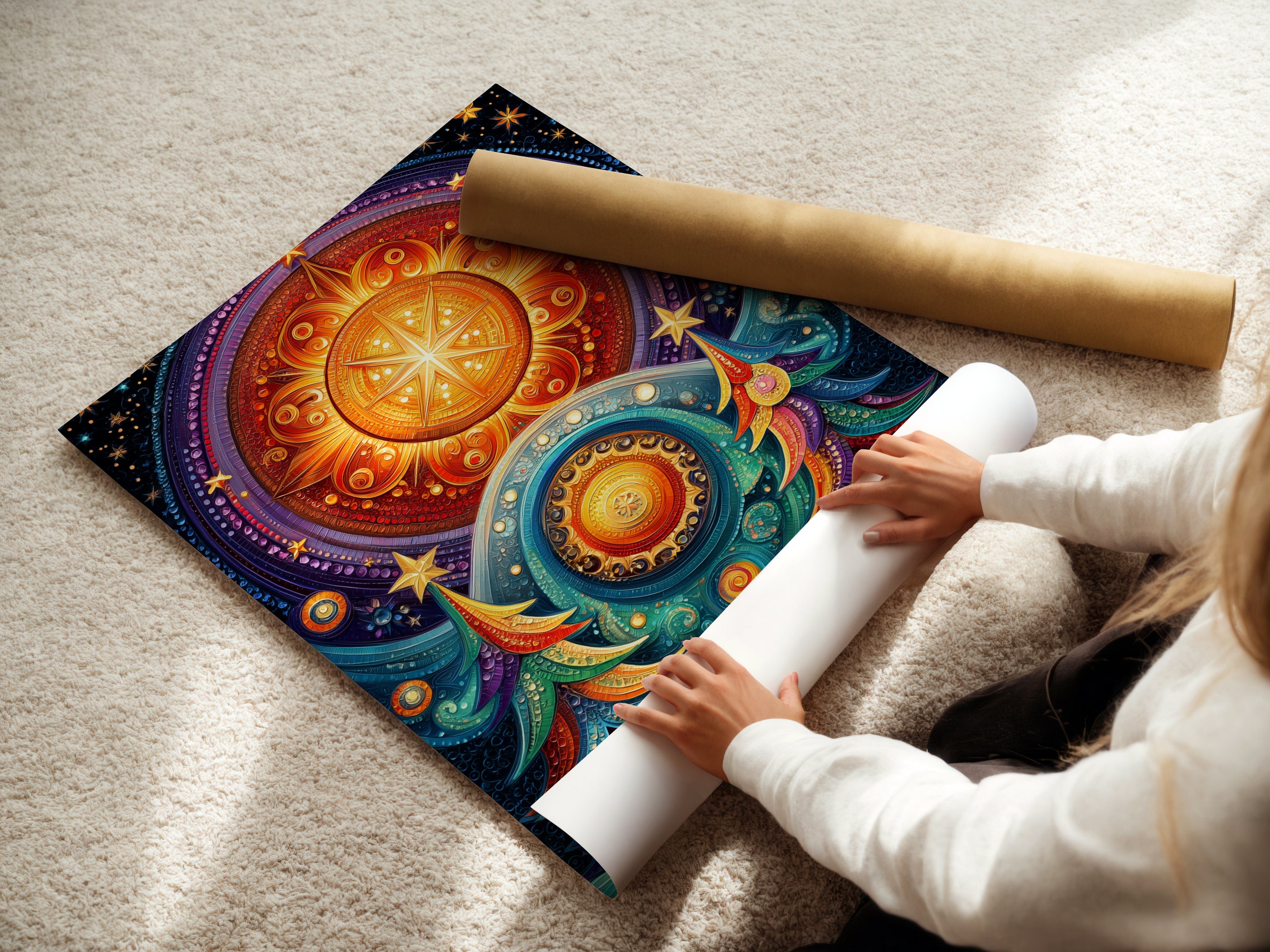 Woman carefully rolling a fine art poster paper of the Celestial Tree artwork. This boho mandala print features colorful starry night elements. Ideal for meditation spaces. Perfect for adding vibrant bohemian decor to your home. The cosmic wall art is stunning.