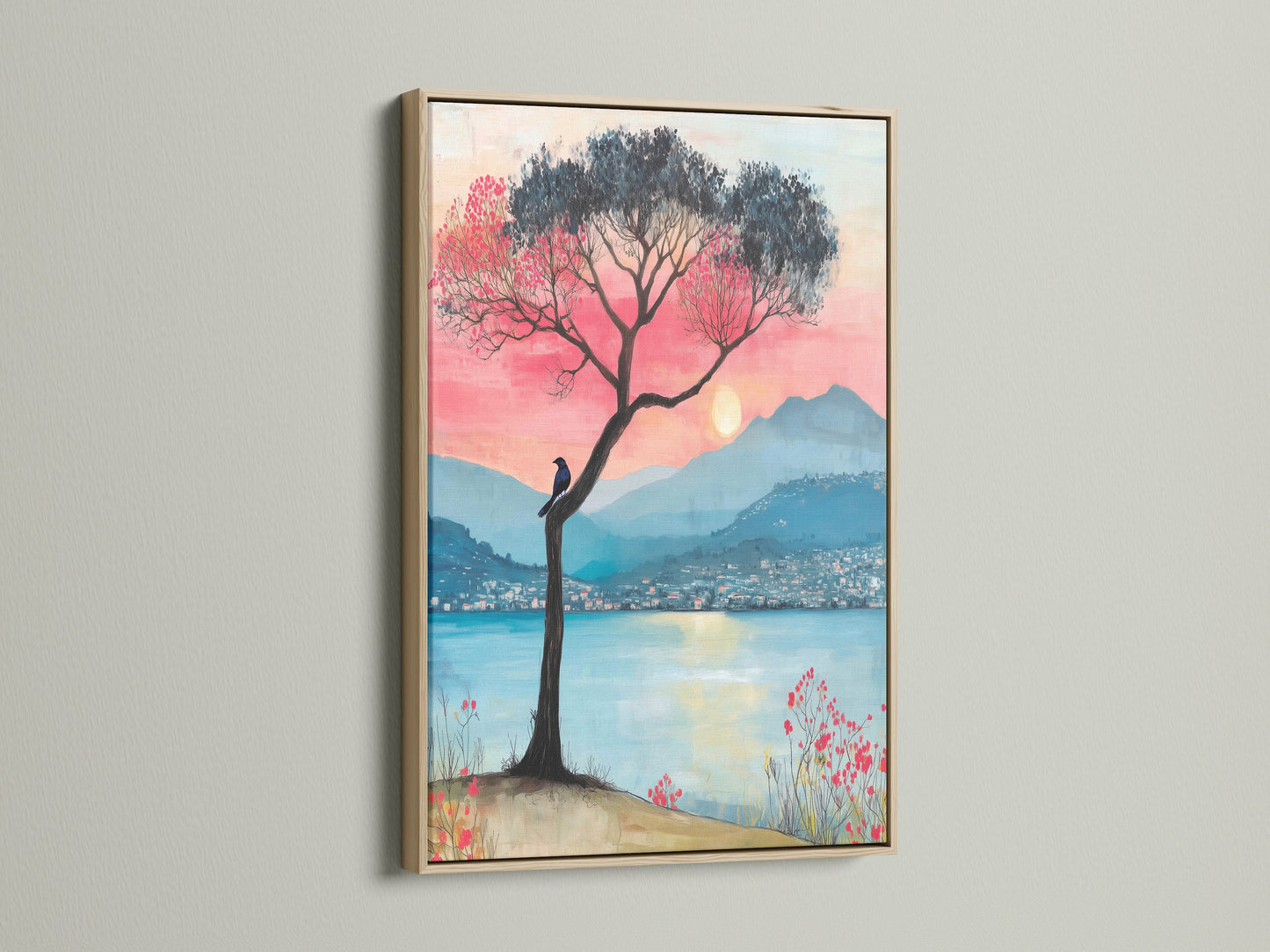 This oak frame presents a stunning lake sunset canvas print. Admire the mountain view art. The pink and teal nature artwork enhances any room's ambiance. A perfect piece of landscape art for a tranquil decor.