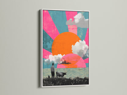The colorful whimsical artwork featuring a retro sun a cow and a man is displayed in a white frame. The art print is perfect for adding a touch of funky wall art to your entryway decor. It also enhances living spaces with vivid art.