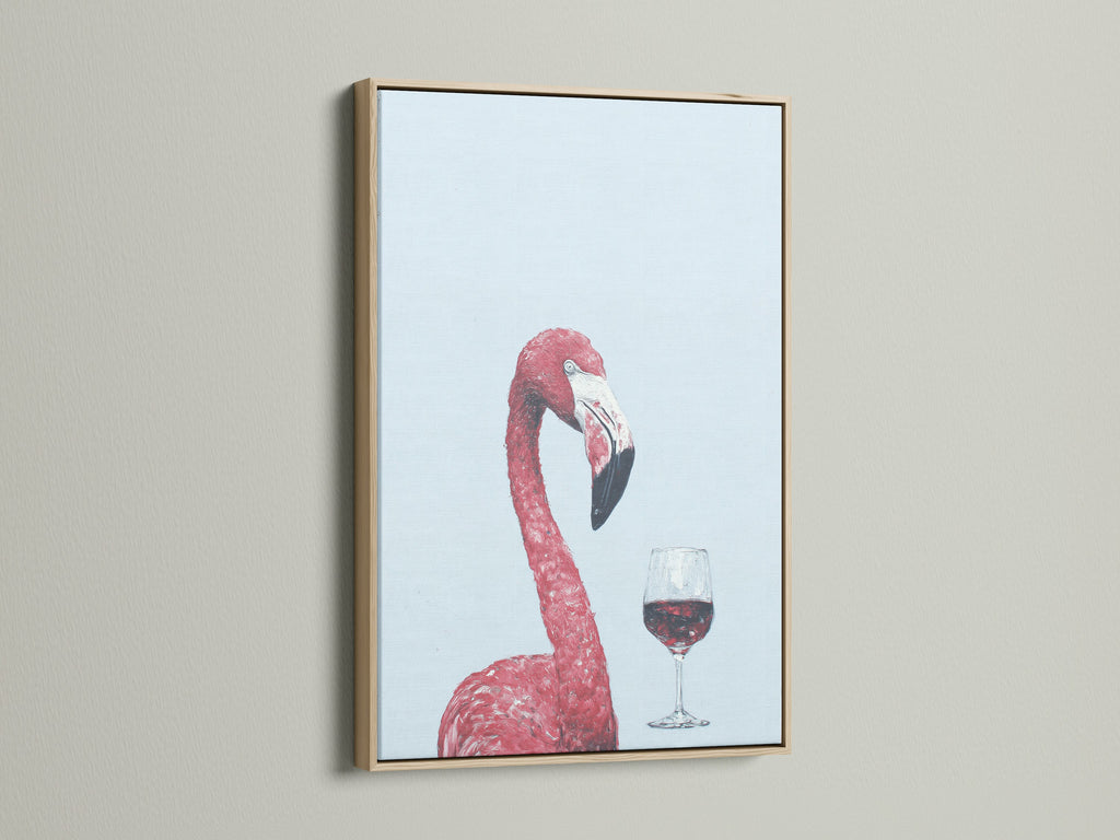A pink flamingo sips wine in this oak frame art print. The tropical bird artwork brings a touch of humor to any room. Ideal for dining room decor and wine art collectors.