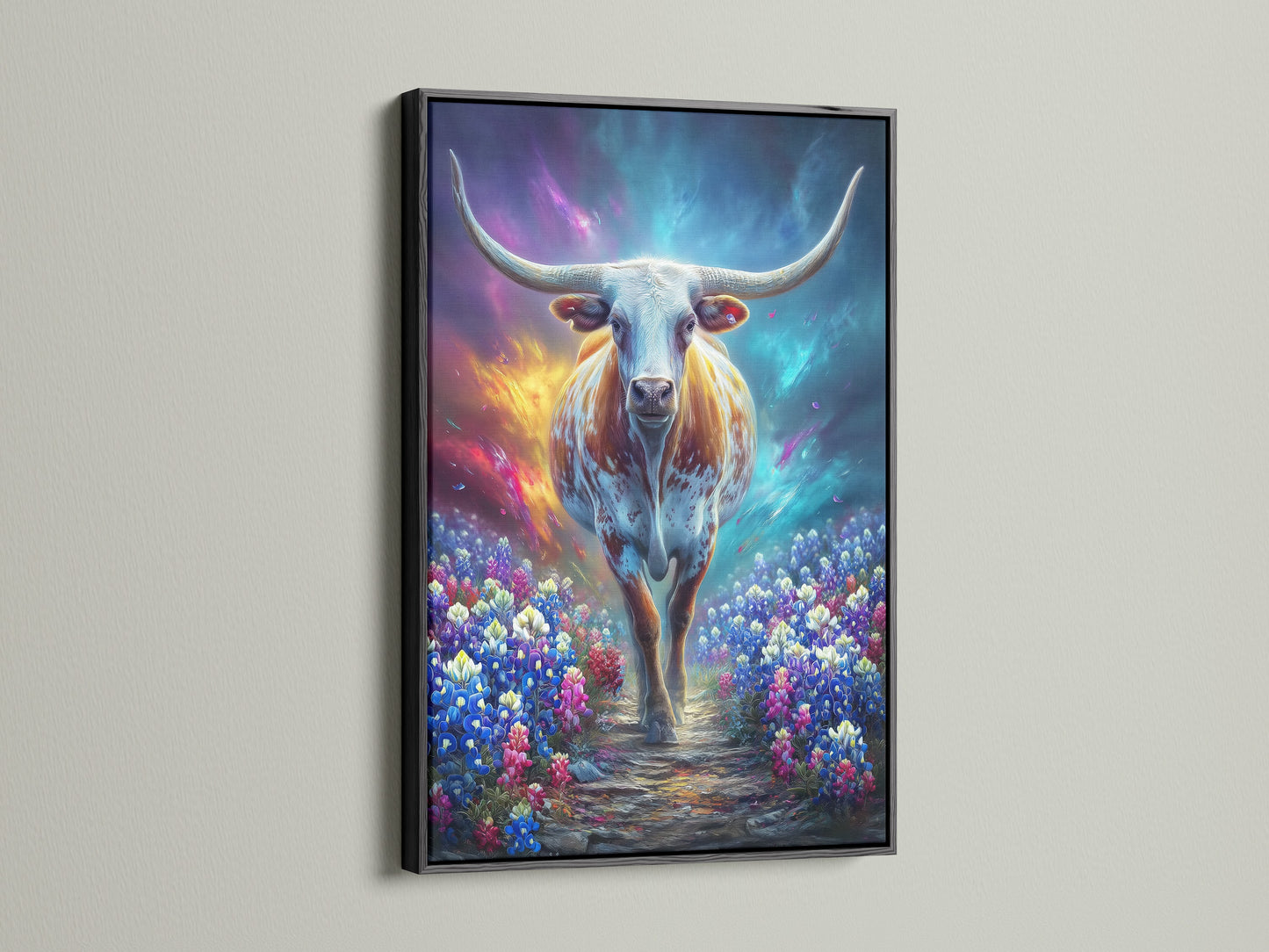 The mystical cow artwork is elegantly presented in a black frame. The fantasy animal art adds a touch of cosmic charm to your decor. This wildflower field art enhances your living room or office. A perfect blend of style and fantasy for any space. This magical artwork is a must-have.