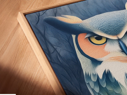 A close-up angled view shows a canvas print in a floating frame. The owl portrait is perfect moody wall art. Teal and beige tones blend seamlessly in this animal artwork. Ideal for study rooms or eclectic decor styles.