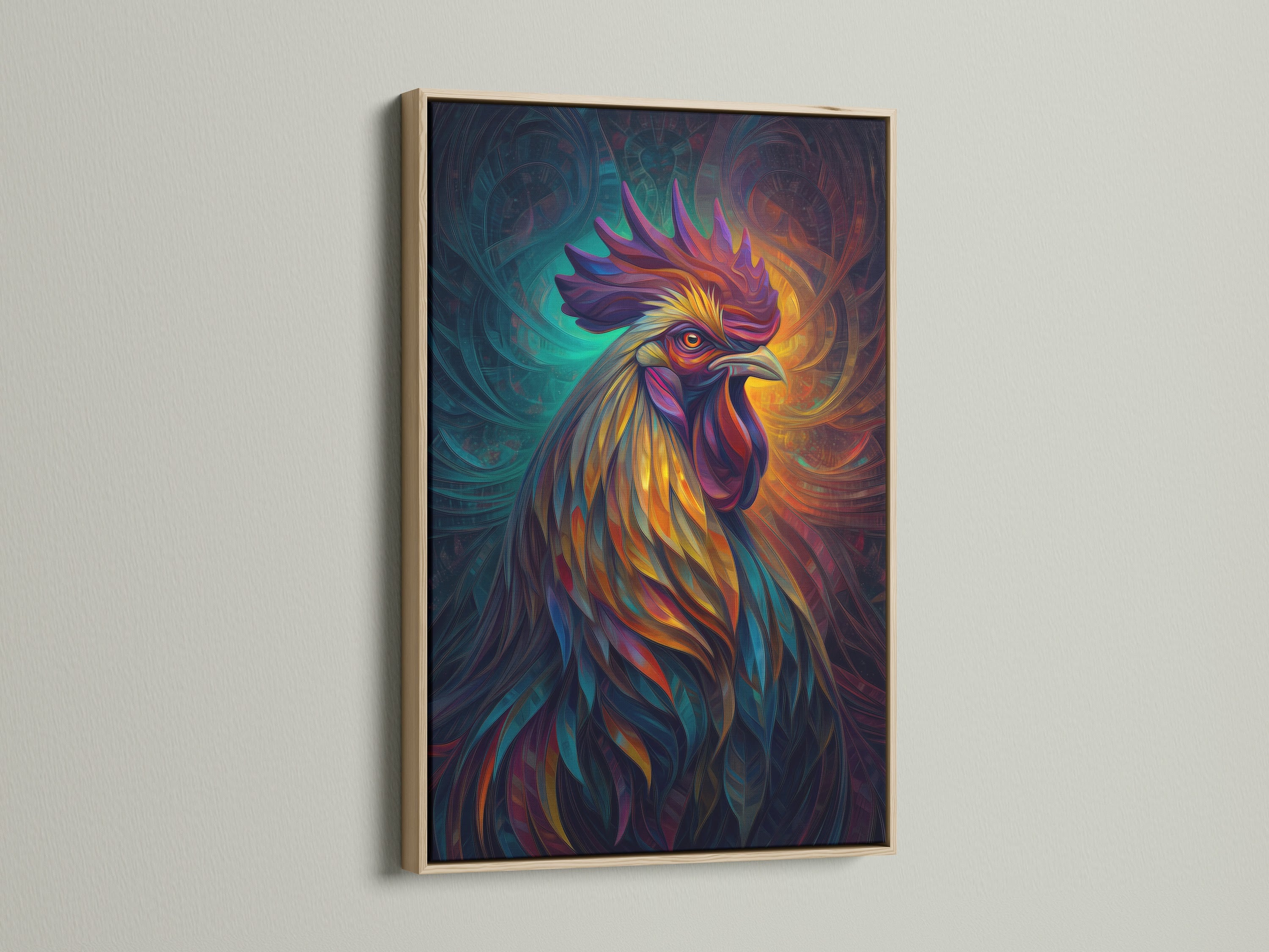 Rooster artwork in an oak frame. This colorful rooster art print adds a rustic touch. Ideal for country homes and farmhouse decor. It's a vibrant farm animal print perfect for any kitchen set.