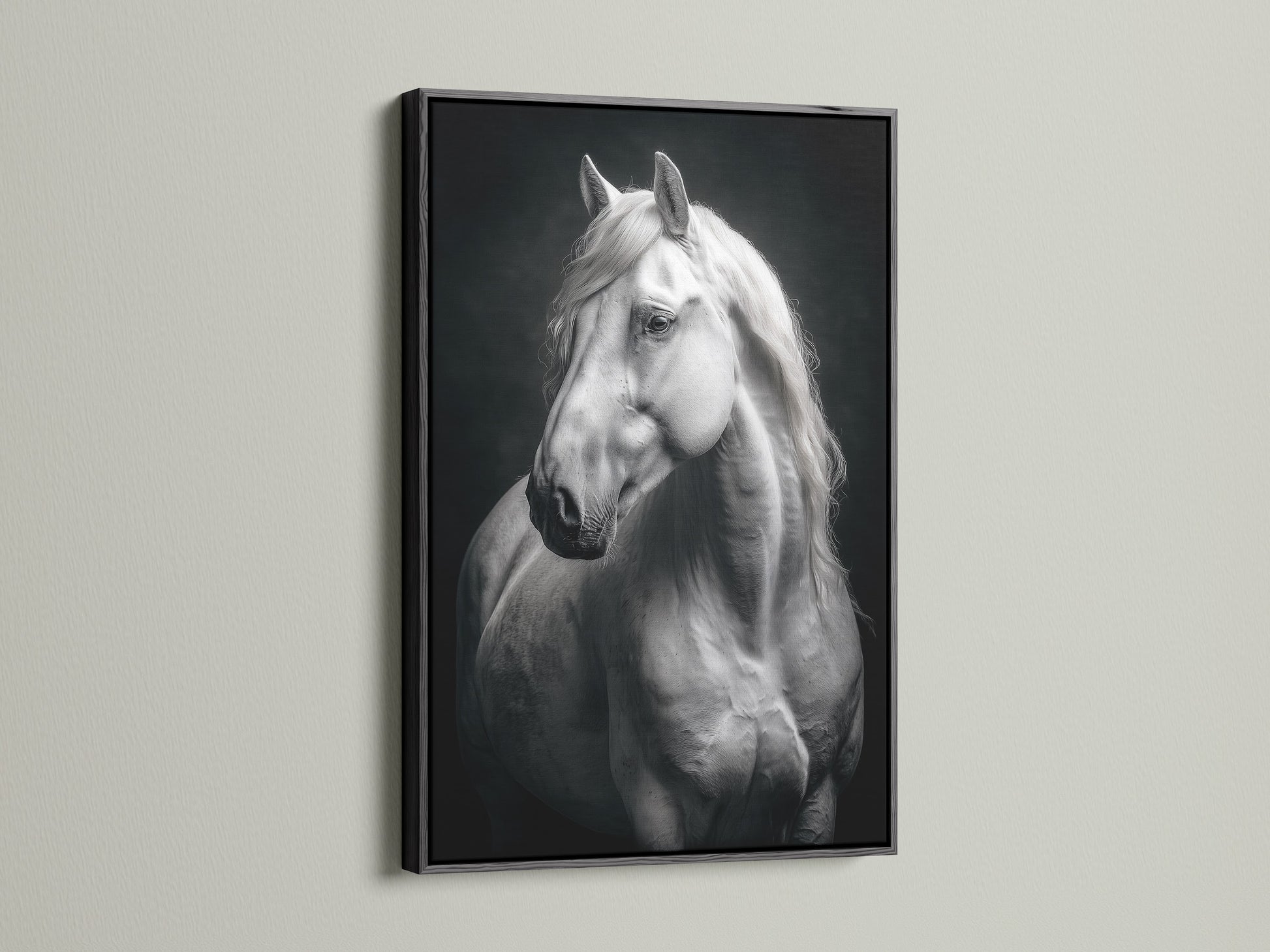 Monochrome horse artwork in a sleek black frame. Black and white animal photography makes a statement. Ideal for a modern farmhouse or minimalist decor. This horse art is perfect for bedroom wall art. The animal canvas brings equestrian charm to any space. Perfect equine art for horse lovers.