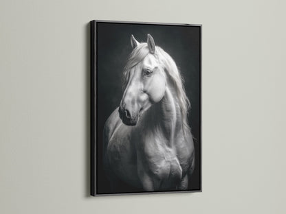 Monochrome horse artwork in a sleek black frame. Black and white animal photography makes a statement. Ideal for a modern farmhouse or minimalist decor. This horse art is perfect for bedroom wall art. The animal canvas brings equestrian charm to any space. Perfect equine art for horse lovers.