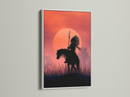 Native American Warrior artwork in a white frame. This striking sunset wall art showcases a horseback rider silhouette. Elevate your space with this tribal wall art. Perfect as southwestern decor or a unique native art print.