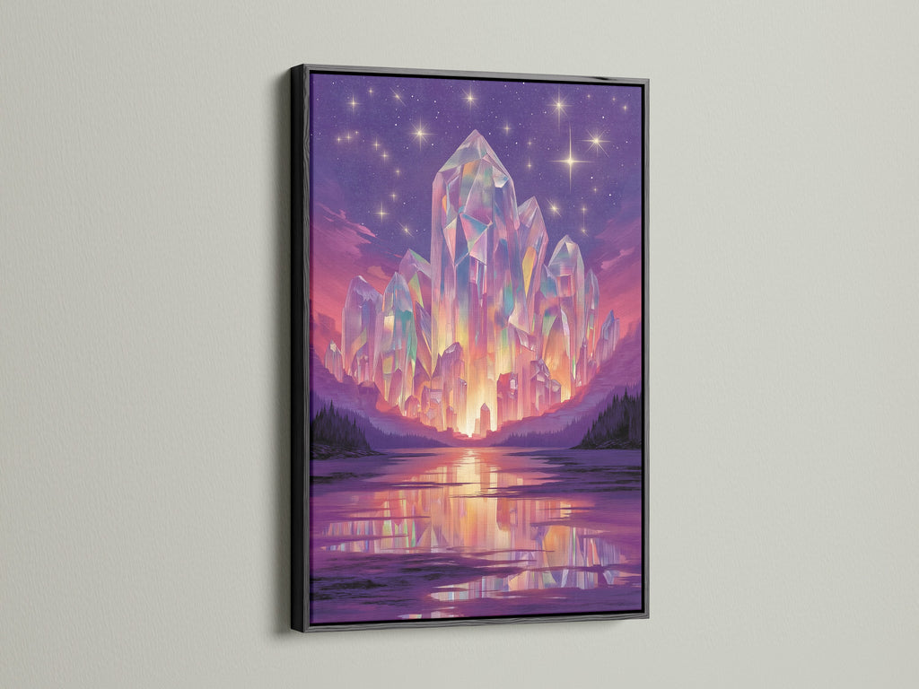 Crystal Fantasy Art Print in a black frame. The black frame provides a striking contrast to the fantasy wall art. This mystical artwork adds a touch of surrealism to any space. Ideal for living rooms bedrooms and offices.