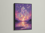 Crystal Fantasy Art Print in a black frame. The black frame provides a striking contrast to the fantasy wall art. This mystical artwork adds a touch of surrealism to any space. Ideal for living rooms bedrooms and offices.