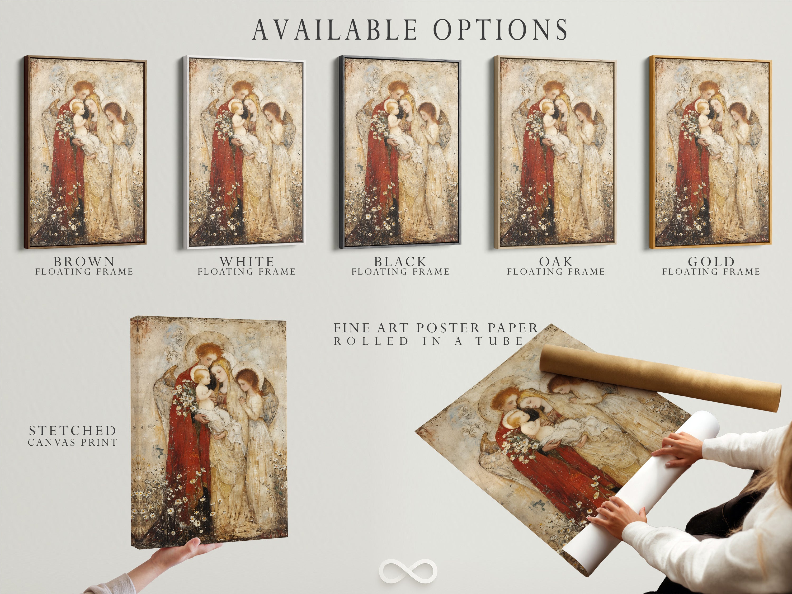 Available options include a stretched canvas print. Also a fine art poster paper and a floating frame. All feature the Madonna and Child Renaissance religious artwork. Select your preference.