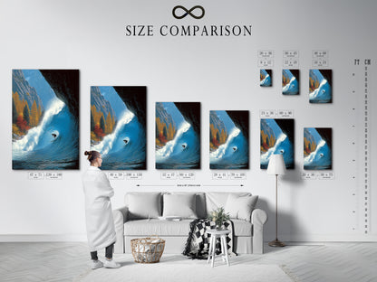 Size comparison chart displayed in an interior setting. The surfing wave artwork is shown in various sizes. Choose the perfect size for your ocean wall art. The wave print can fit any space. Coastal artwork to suit your needs. Find the ideal surfer gift in the right dimensions.