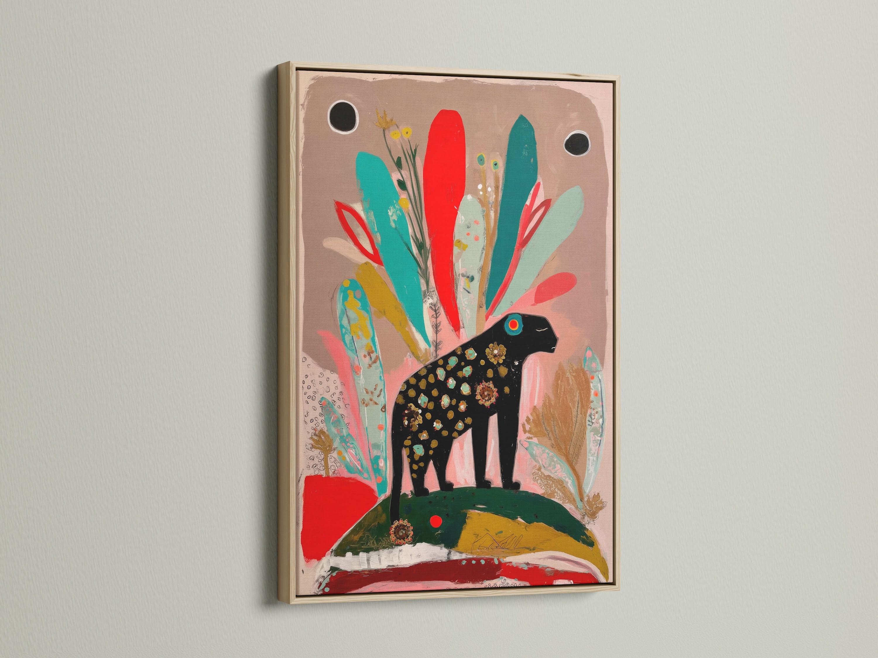 This folk art elephant print looks stunning in an oak frame. Its colorful abstract style adds a touch of whimsy. Ideal for nursery wall art or bohemian-inspired spaces. It enhances any room's aesthetic.