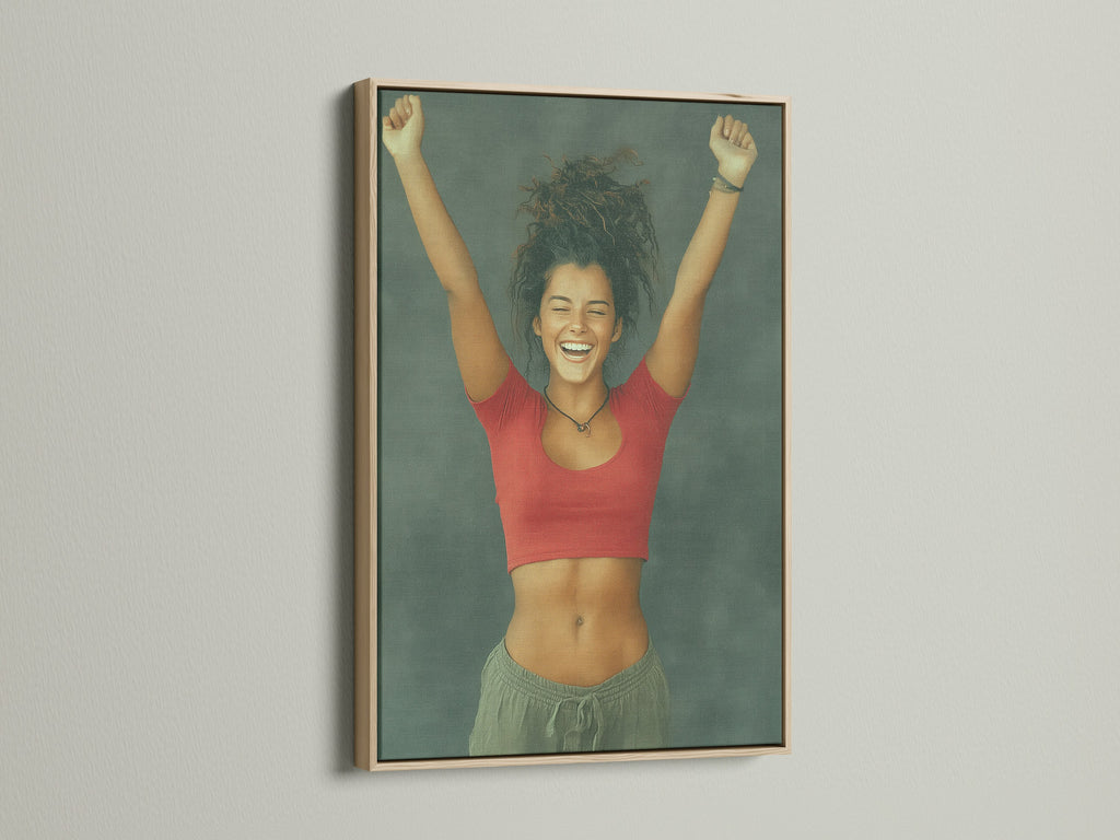 Euphoric Woman art displayed in an oak frame. This portrait print radiates positivity. Ideal joy wall art for teen girls. Add a touch of fun wall decor with this happy canvas.  Cheerful art for any space.