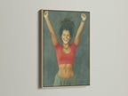 Euphoric Woman art displayed in an oak frame. This portrait print radiates positivity. Ideal joy wall art for teen girls. Add a touch of fun wall decor with this happy canvas.  Cheerful art for any space.