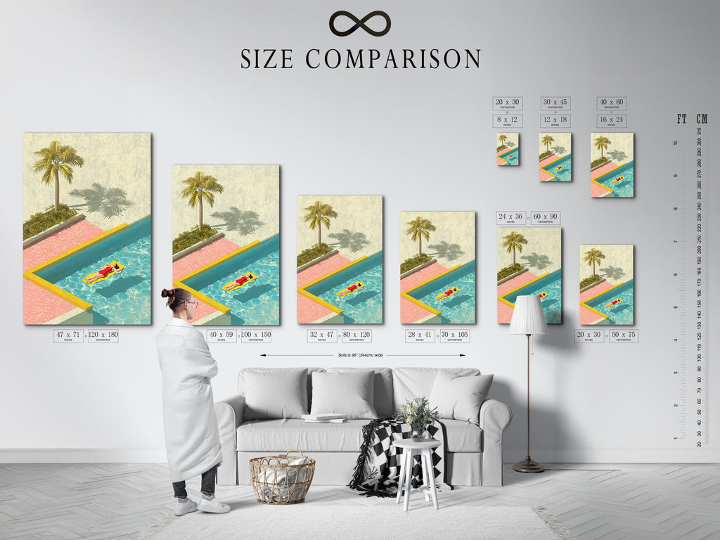 Size comparison chart displayed in an interior setting. The chart shows the different sizes of artwork available. This is helpful to visualize how each size will look in your space. Use the chart to make the perfect choice. Choose the ideal size for your art.