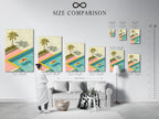 Size comparison chart displayed in an interior setting. The chart shows the different sizes of artwork available. This is helpful to visualize how each size will look in your space. Use the chart to make the perfect choice. Choose the ideal size for your art.