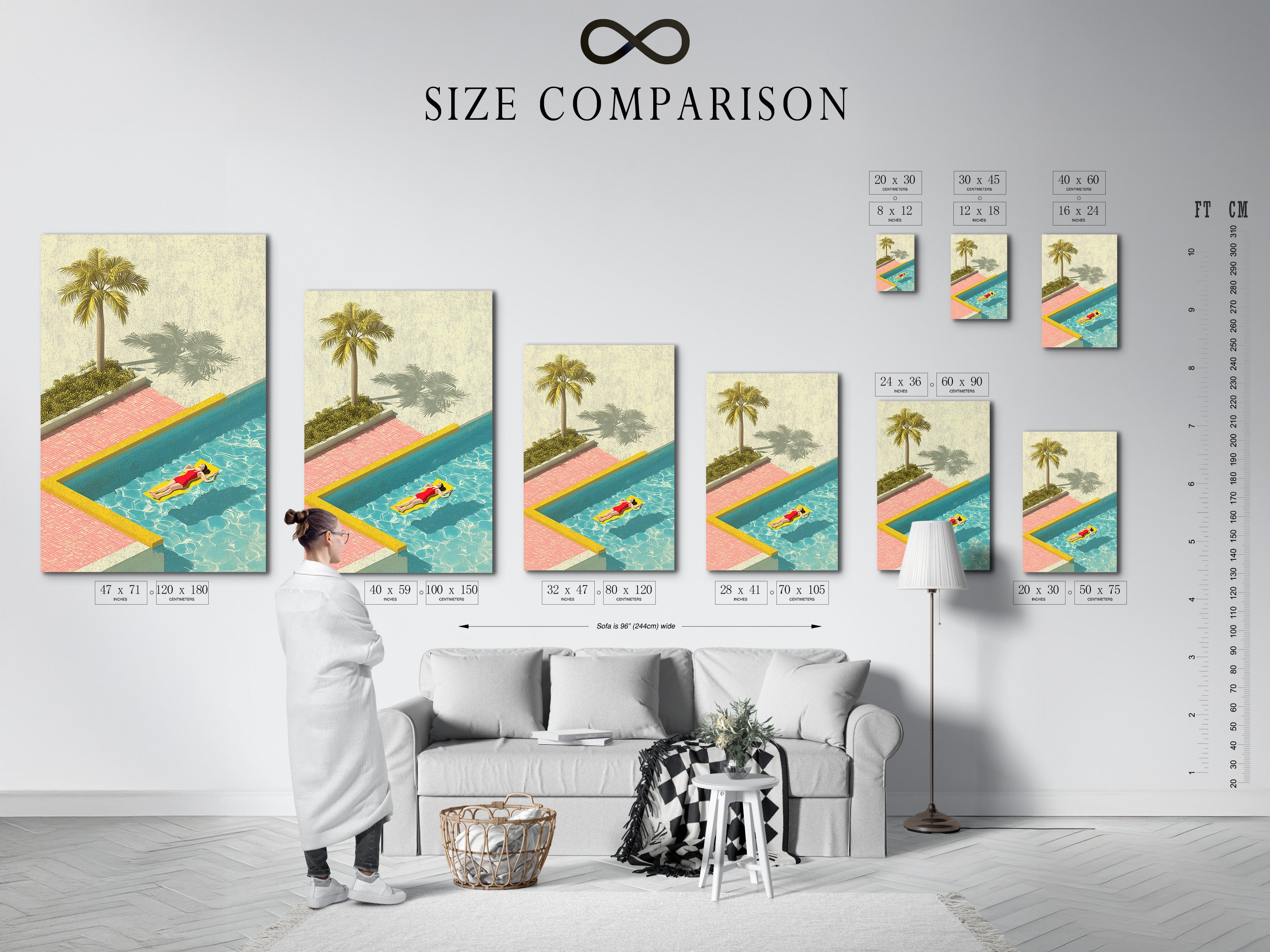 Size comparison chart displayed in an interior setting. The chart shows the different sizes of artwork available. This is helpful to visualize how each size will look in your space. Use the chart to make the perfect choice. Choose the ideal size for your art.