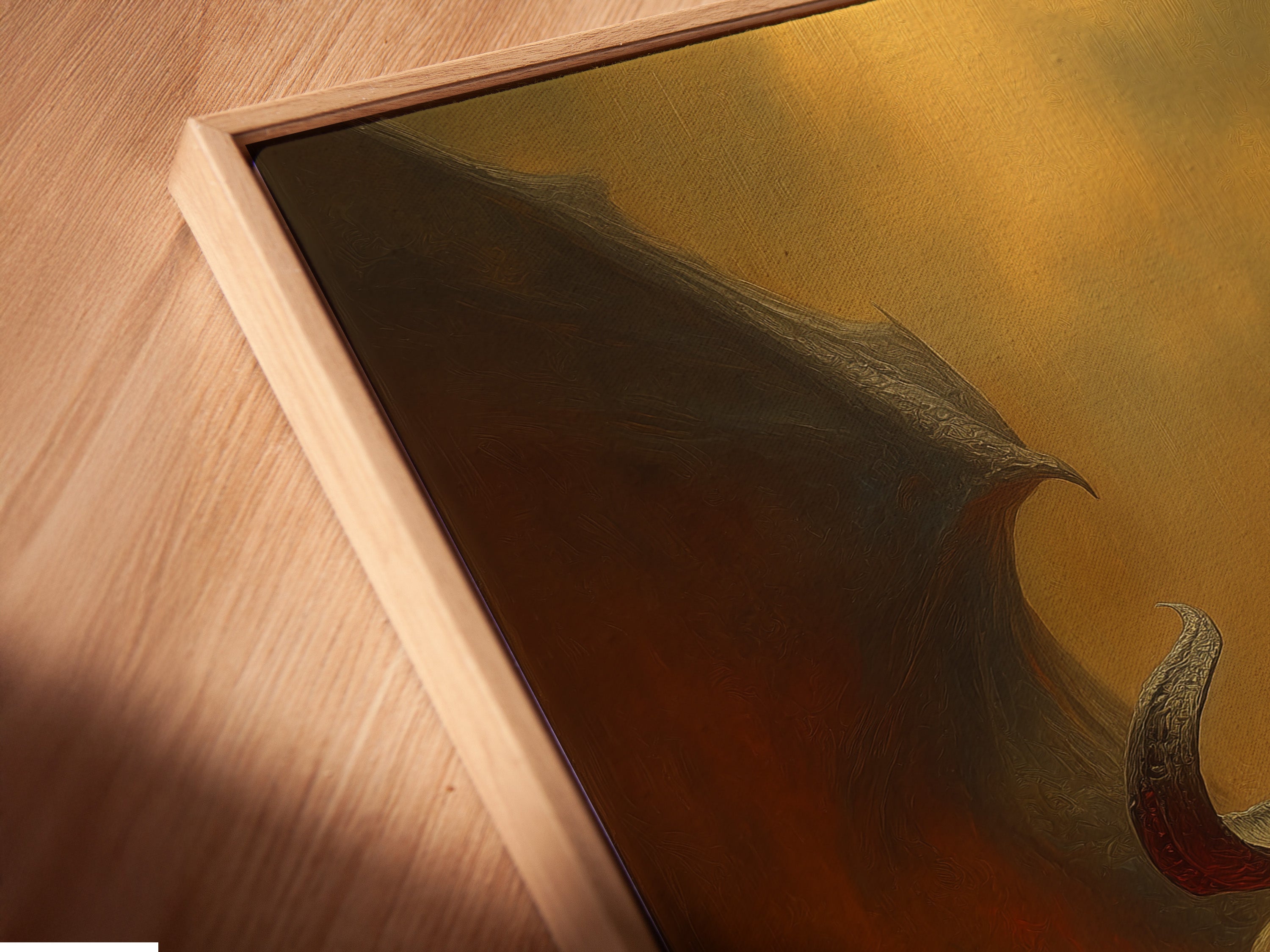 A close-up showcases a canvas print in a floating frame. The artwork appears to hover within the frame. This creates a modern gallery look. Explore our framed canvas prints. Elevate your decor with our unique designs.