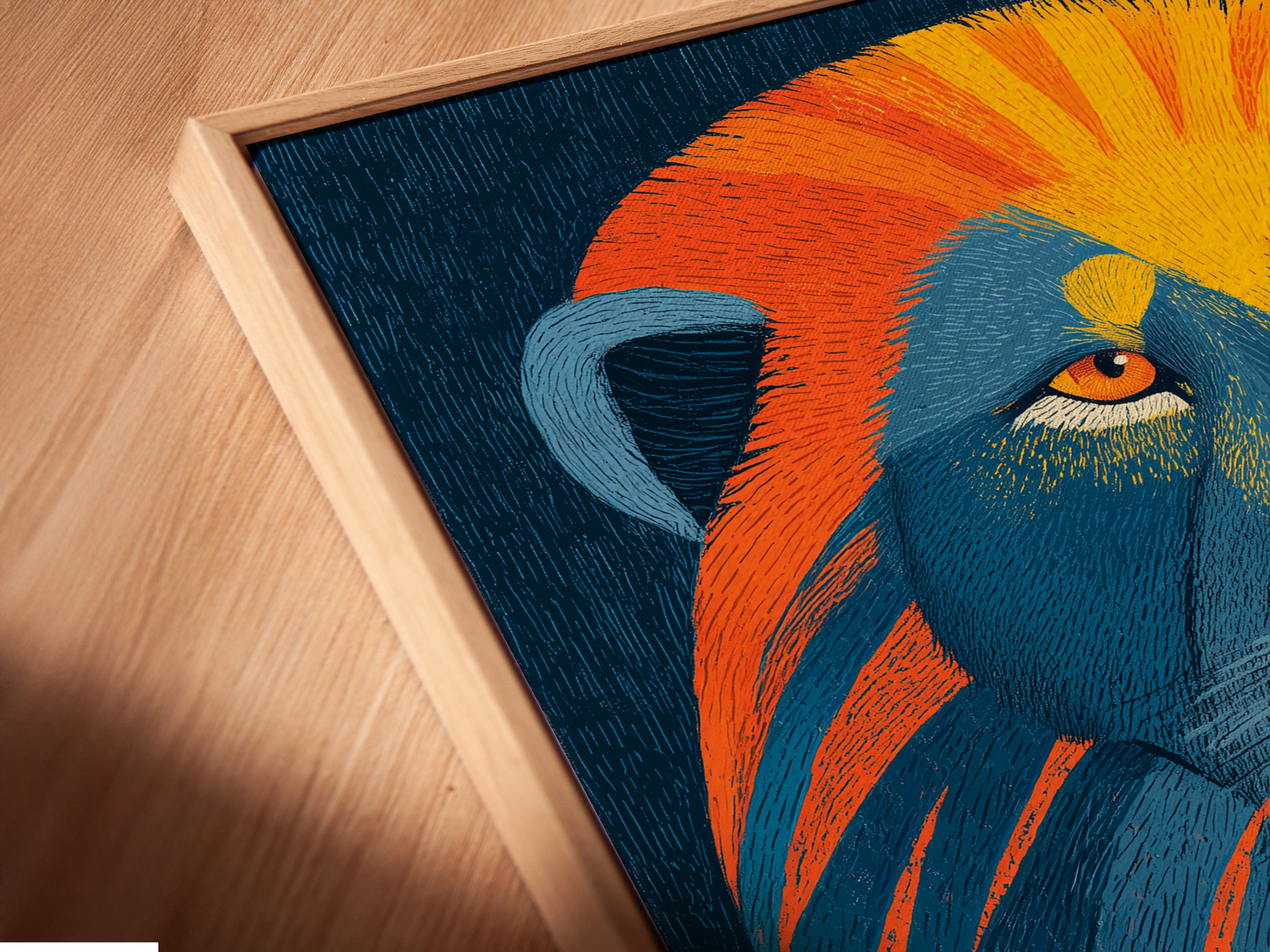 This is a detailed close-up of a canvas print in a floating frame. The floating frame gives the artwork a sophisticated gallery look. The canvas print showcases vibrant colors and fine details. This modern framing style enhances any artwork.