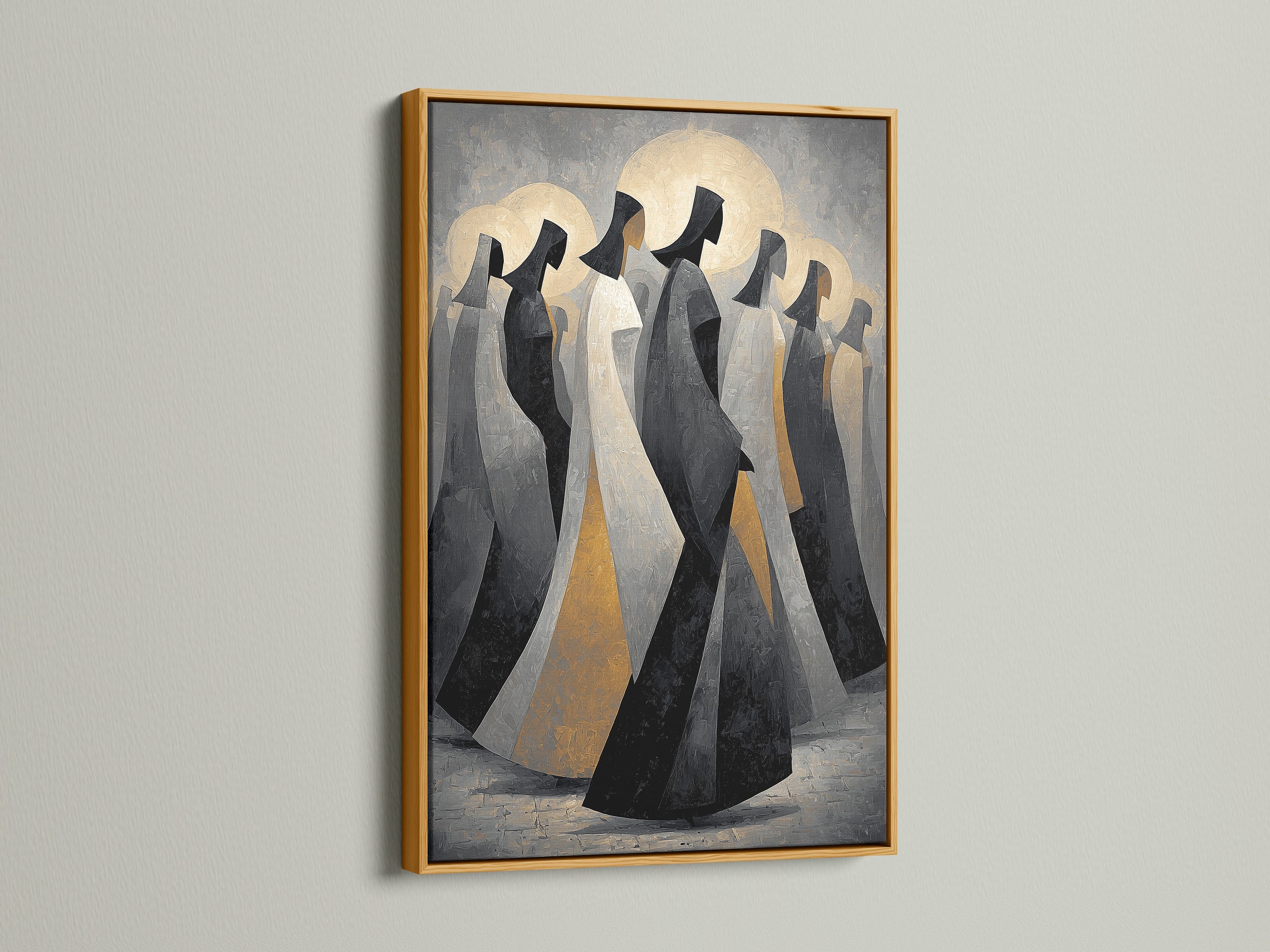 Abstract Hooded Figures art in a gold frame. This minimalist art piece features geometric figures. The artwork is a neutral wall art and is perfect for modern home art. It will elevate any space.
