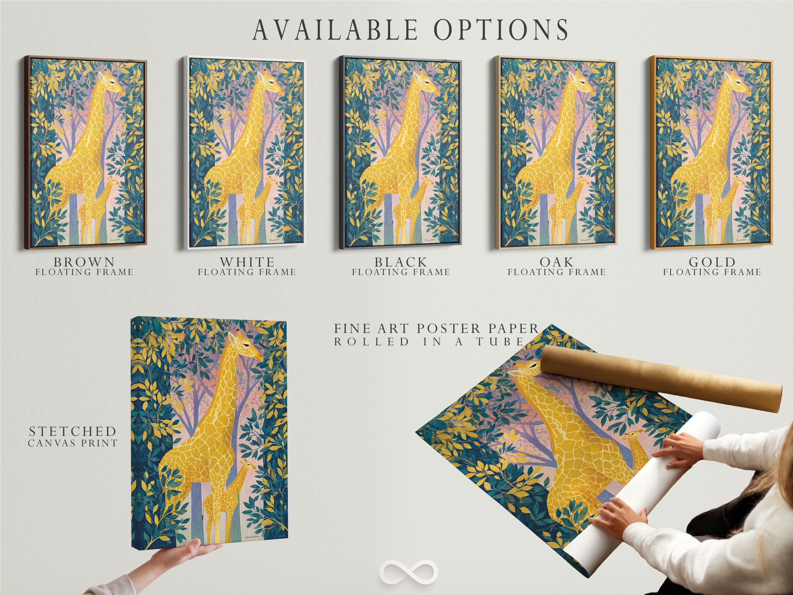 Available options are displayed including stretched canvas print fine art poster paper and floating frame. The giraffe artwork is perfect for nurseries and kids rooms. Select the perfect format for this colorful safari canvas print. Customize your tropical botanical animal art.