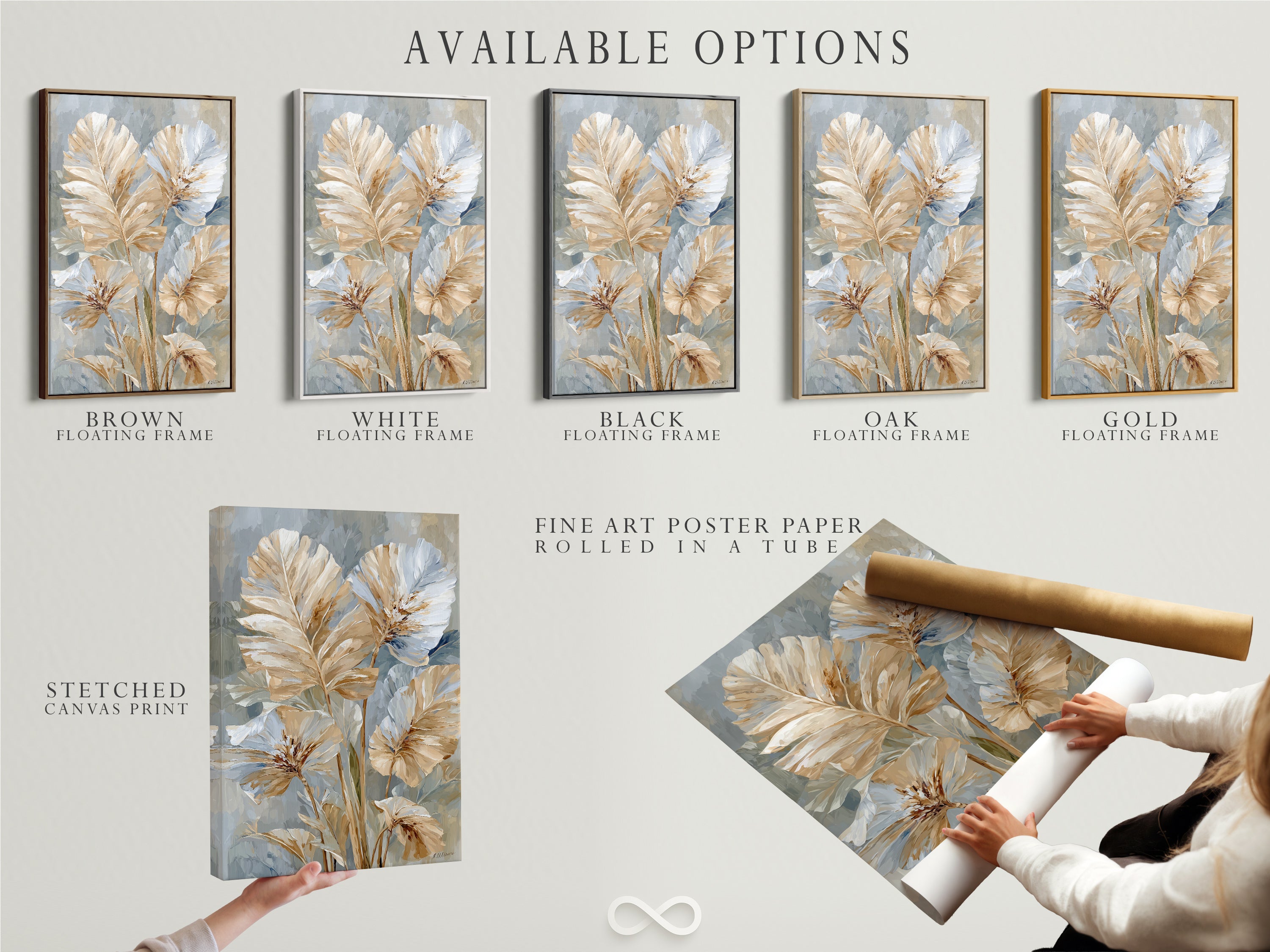 Available artwork options. Stretched canvas print fine art poster paper and floating frame options are shown. The artwork is a beige and blue neutral floral. The art is modern botanical. It would look great in minimalist contemporary spaces.