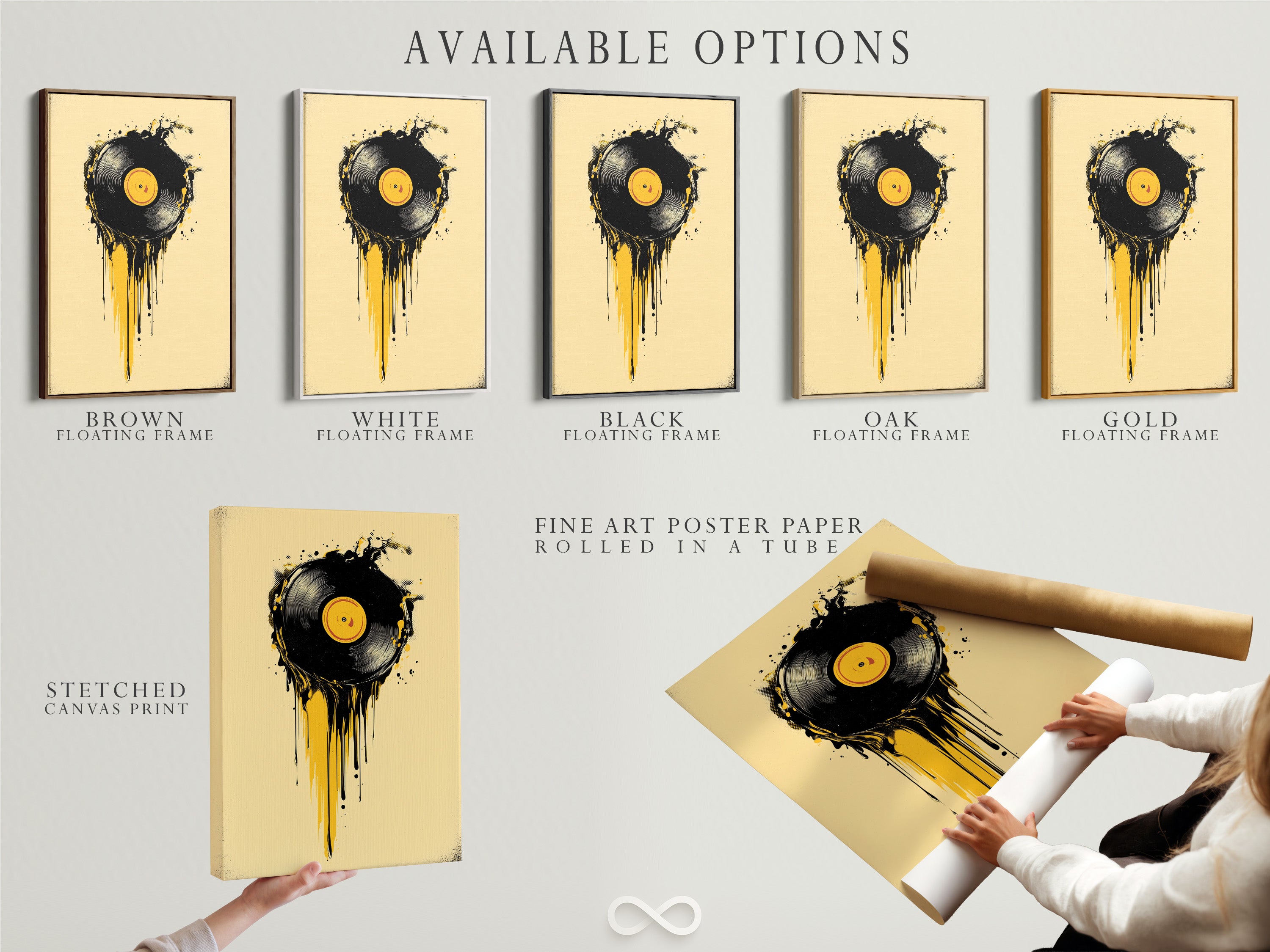 Available artwork options including stretched canvas print fine art poster paper and floating frame. Choose your preferred style. Select the perfect option to match your decor. Explore various ways to display your new artwork. Find the best fit for your needs.