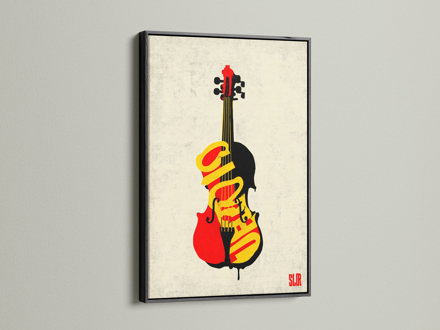 See the striking contrast of a black frame. It surrounds a vibrant violin graffiti canvas print. The dark frame adds drama and sophistication. Perfect for modern art collectors and music enthusiasts alike.