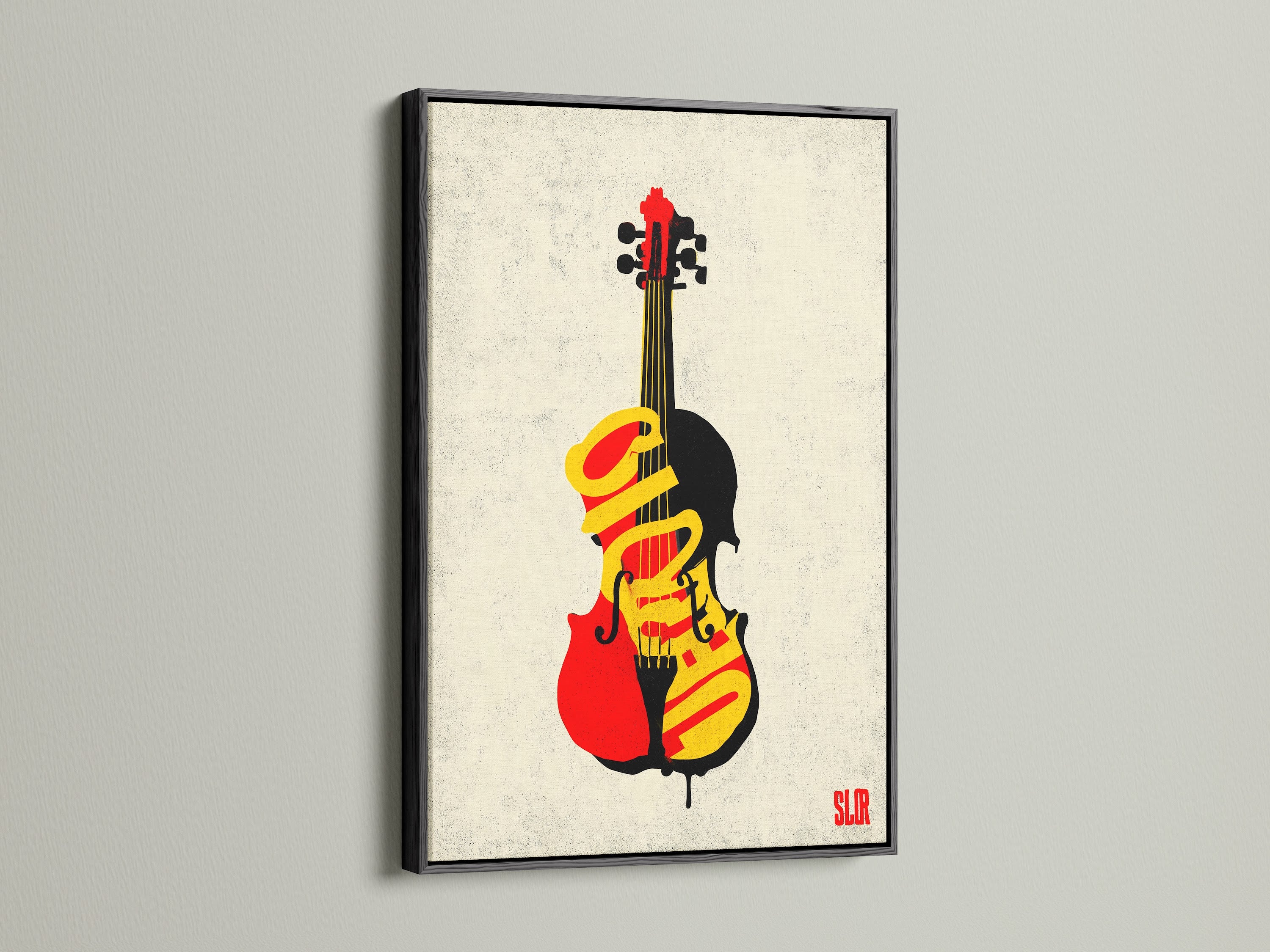 See the striking contrast of a black frame. It surrounds a vibrant violin graffiti canvas print. The dark frame adds drama and sophistication. Perfect for modern art collectors and music enthusiasts alike.