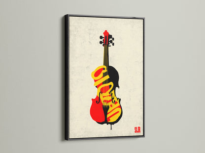 See the striking contrast of a black frame. It surrounds a vibrant violin graffiti canvas print. The dark frame adds drama and sophistication. Perfect for modern art collectors and music enthusiasts alike.