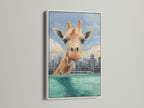 A cheerful giraffe skyline artwork is presented in a clean white frame. This teal pool print creates a bright and inviting atmosphere. Enhance your living space with this whimsical art.