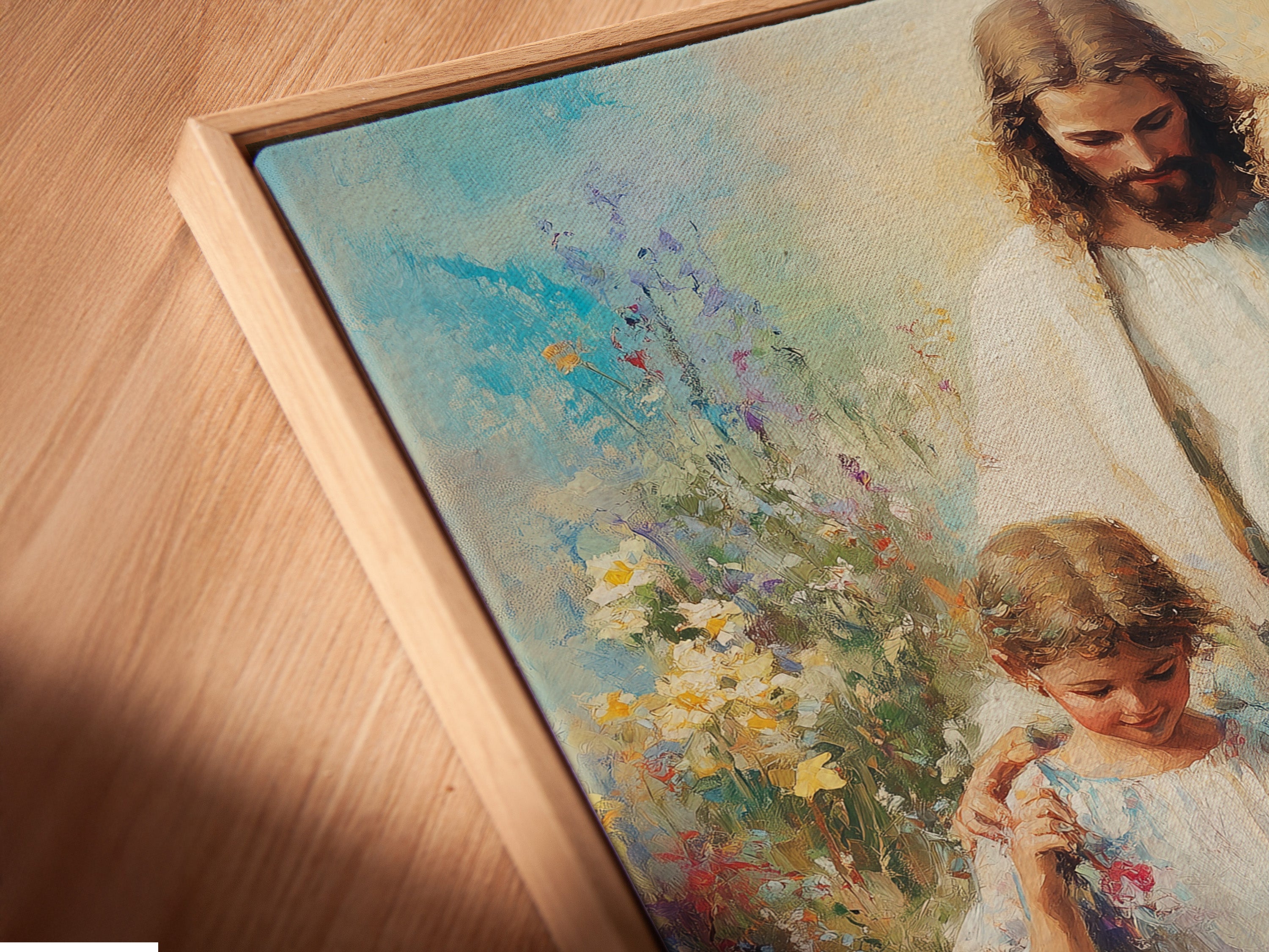 A close-up shot reveals the canvas print in a floating frame. The floating frame gives the artwork a unique suspended appearance. The frame enhances the artwork's modern appeal. Perfect for a contemporary home or office setting. Experience art in a new dimension.