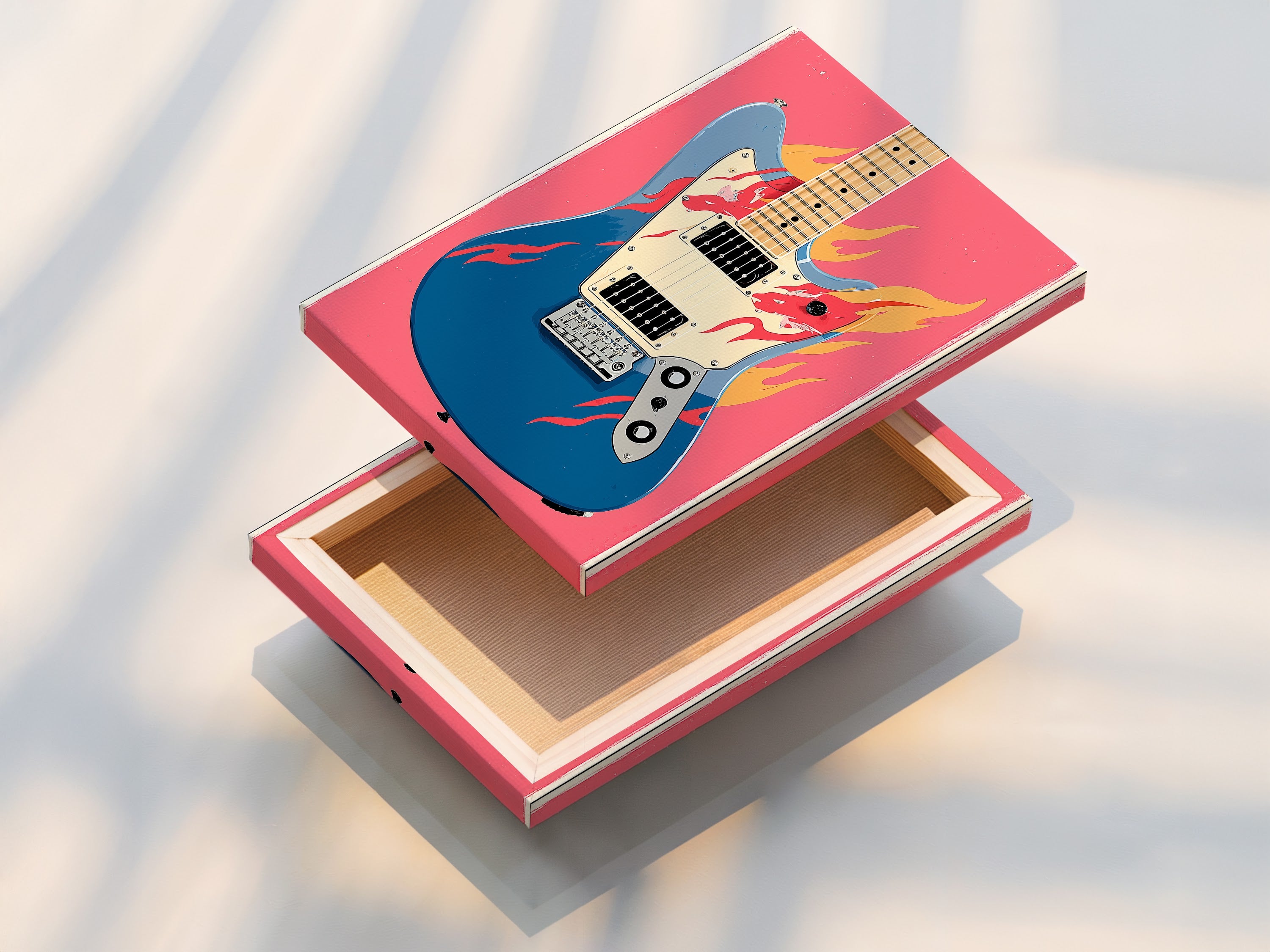 This is a stretched canvas print of the electric guitar artwork. The canvas texture adds depth and richness to the colors. It is ready to hang and transform any space with music themed art. Perfect for studio owners and guitar players.