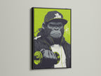 The black frame showcases the gorilla artwork. It's a bold piece of street art canvas for your gym. Urban wall decor with this animal fitness art is motivational. The artwork adds an edgy vibe to your home gym or personal training studio. It has a cool pop art style.