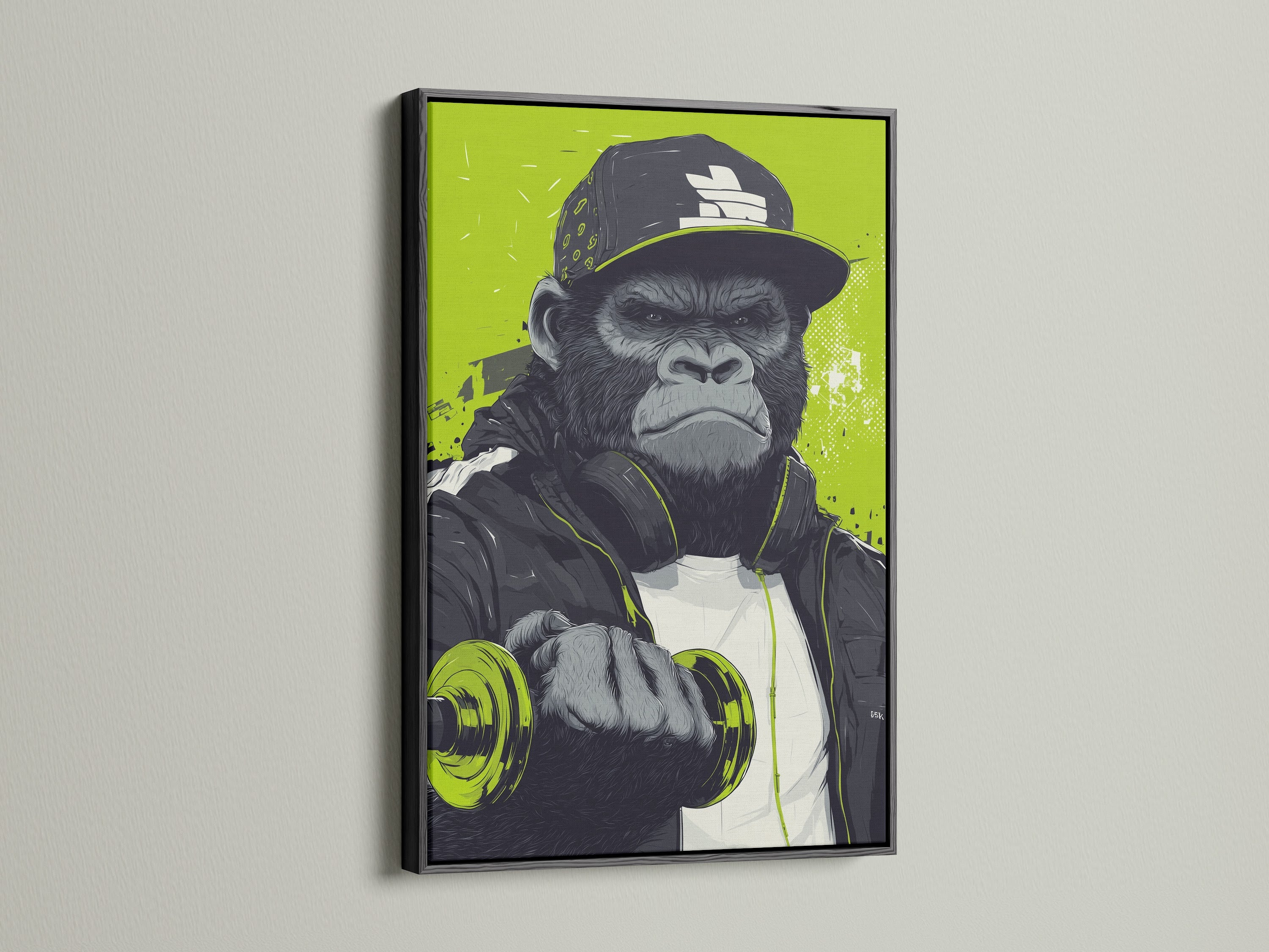 The black frame showcases the gorilla artwork. It's a bold piece of street art canvas for your gym. Urban wall decor with this animal fitness art is motivational. The artwork adds an edgy vibe to your home gym or personal training studio. It has a cool pop art style.