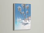 Tropical beach canvas print in a white frame. This coastal ocean artwork brings summer vacation vibes to your home. Perfect beachy office art. Find your island art print now. Coastal turquoise art for any room