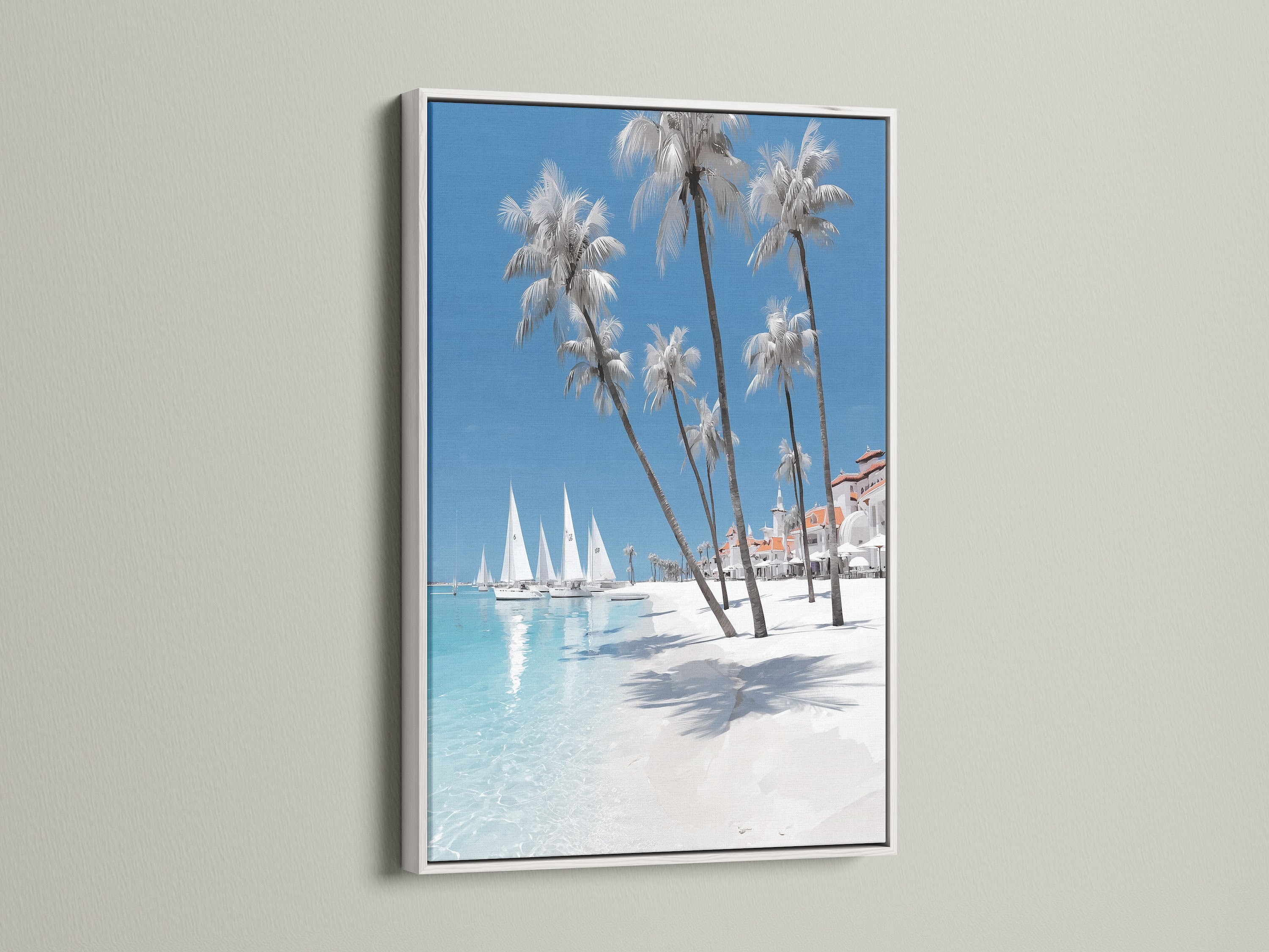 Tropical beach canvas print in a white frame. This coastal ocean artwork brings summer vacation vibes to your home. Perfect beachy office art. Find your island art print now. Coastal turquoise art for any room