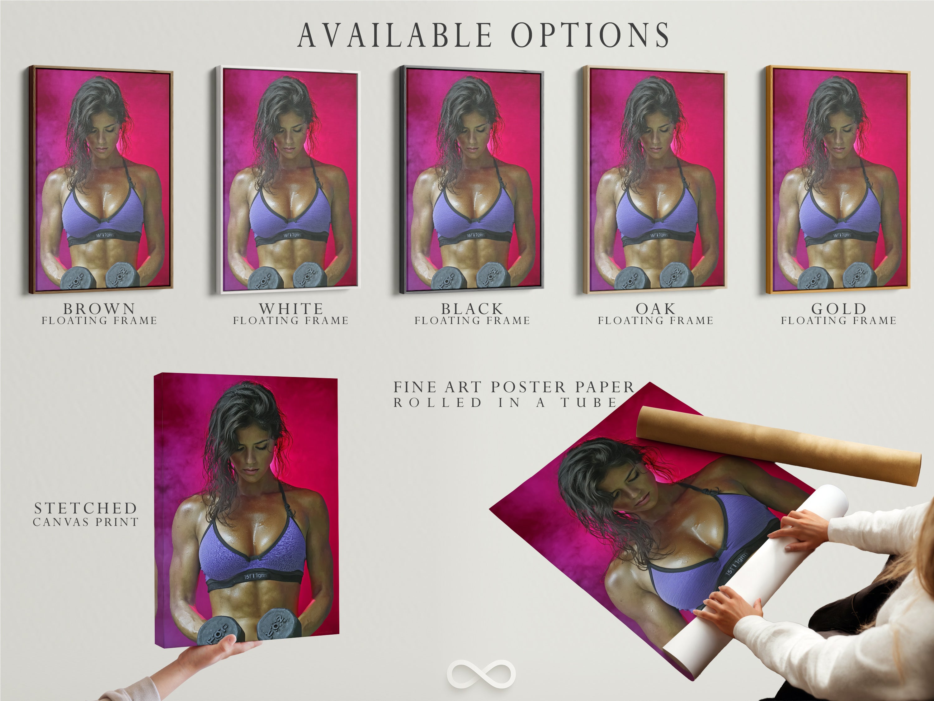 Available options for the fitness woman artwork. Stretched canvas print. Fine art poster paper. Floating frame options. Customize your art to match your style. Perfect for fitness motivation and gym decor.
