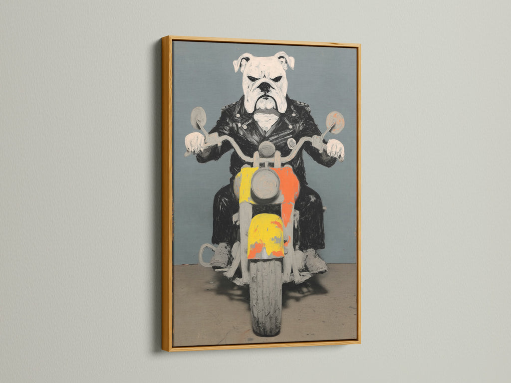 Bulldog Biker artwork in a gold frame. This motorcycle art is designed with industrial and utility styles. The grey and yellow colors make it a standout piece. Great for bars and themed rooms.