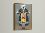 Bulldog Biker artwork in a gold frame. This motorcycle art is designed with industrial and utility styles. The grey and yellow colors make it a standout piece. Great for bars and themed rooms.