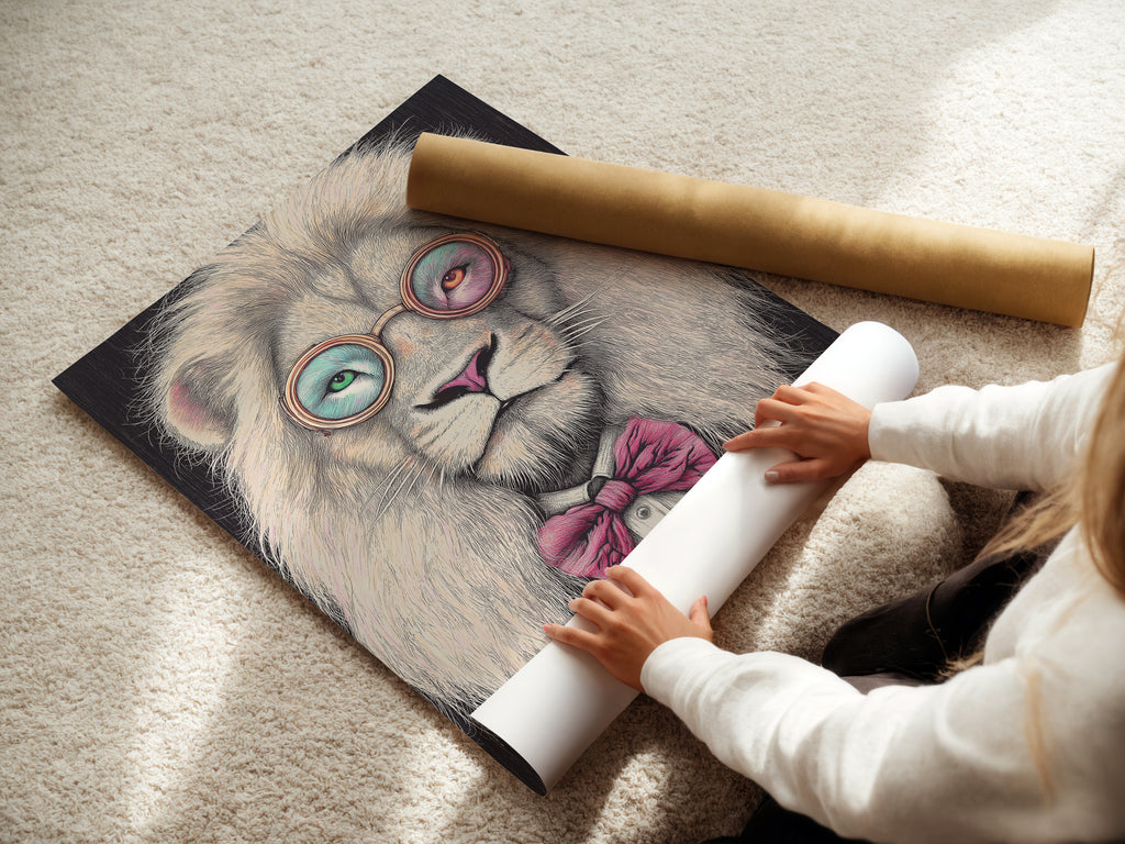 A woman is carefully rolling a fine art poster paper. The paper features a quirky animal print. It could be the Hipster Lion Canvas Art. This lion has glasses and a bow tie. It's perfect for any room.