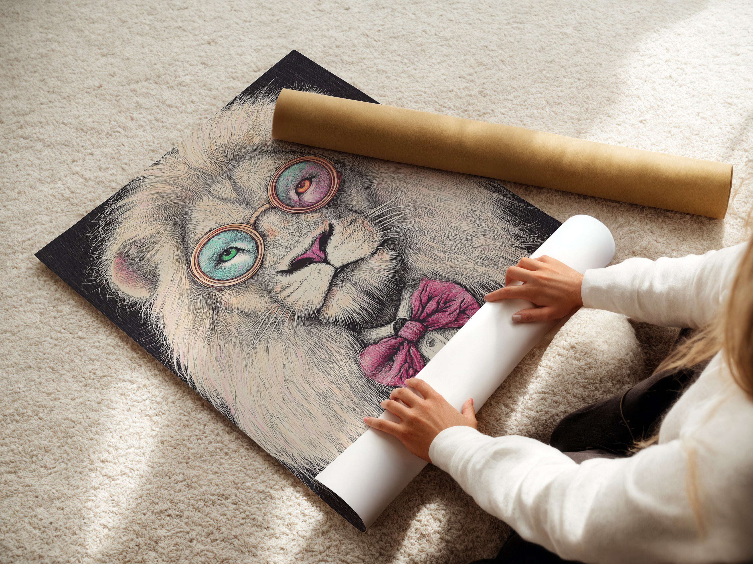 A woman is carefully rolling a fine art poster paper. The paper features a quirky animal print. It could be the Hipster Lion Canvas Art. This lion has glasses and a bow tie. It's perfect for any room.