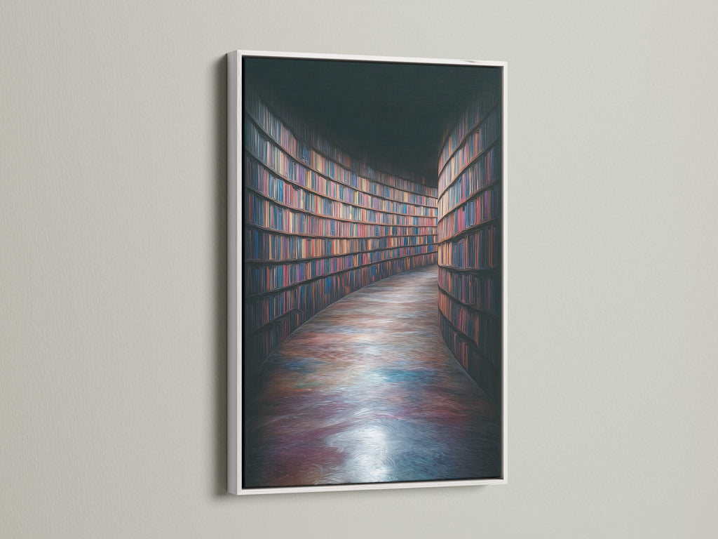 A white frame highlights a beautiful library bookshelf art print. This piece adds a clean and modern touch to your decor. It's great for study wall decor. Perfect for those seeking academia artwork. This artwork is a thoughtful book lover gift. Transform your space with this print.
