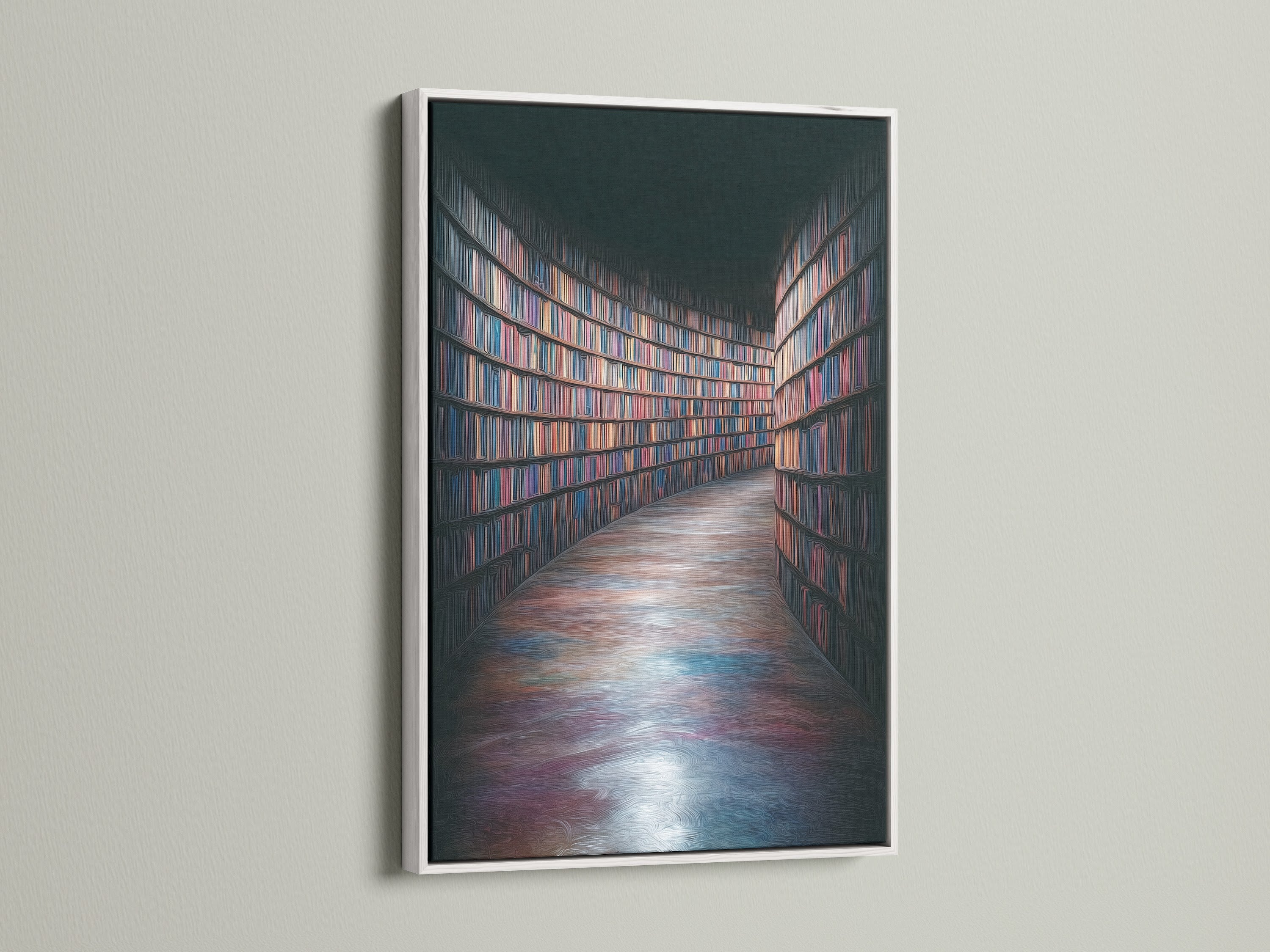 A white frame highlights a beautiful library bookshelf art print. This piece adds a clean and modern touch to your decor. It's great for study wall decor. Perfect for those seeking academia artwork. This artwork is a thoughtful book lover gift. Transform your space with this print.