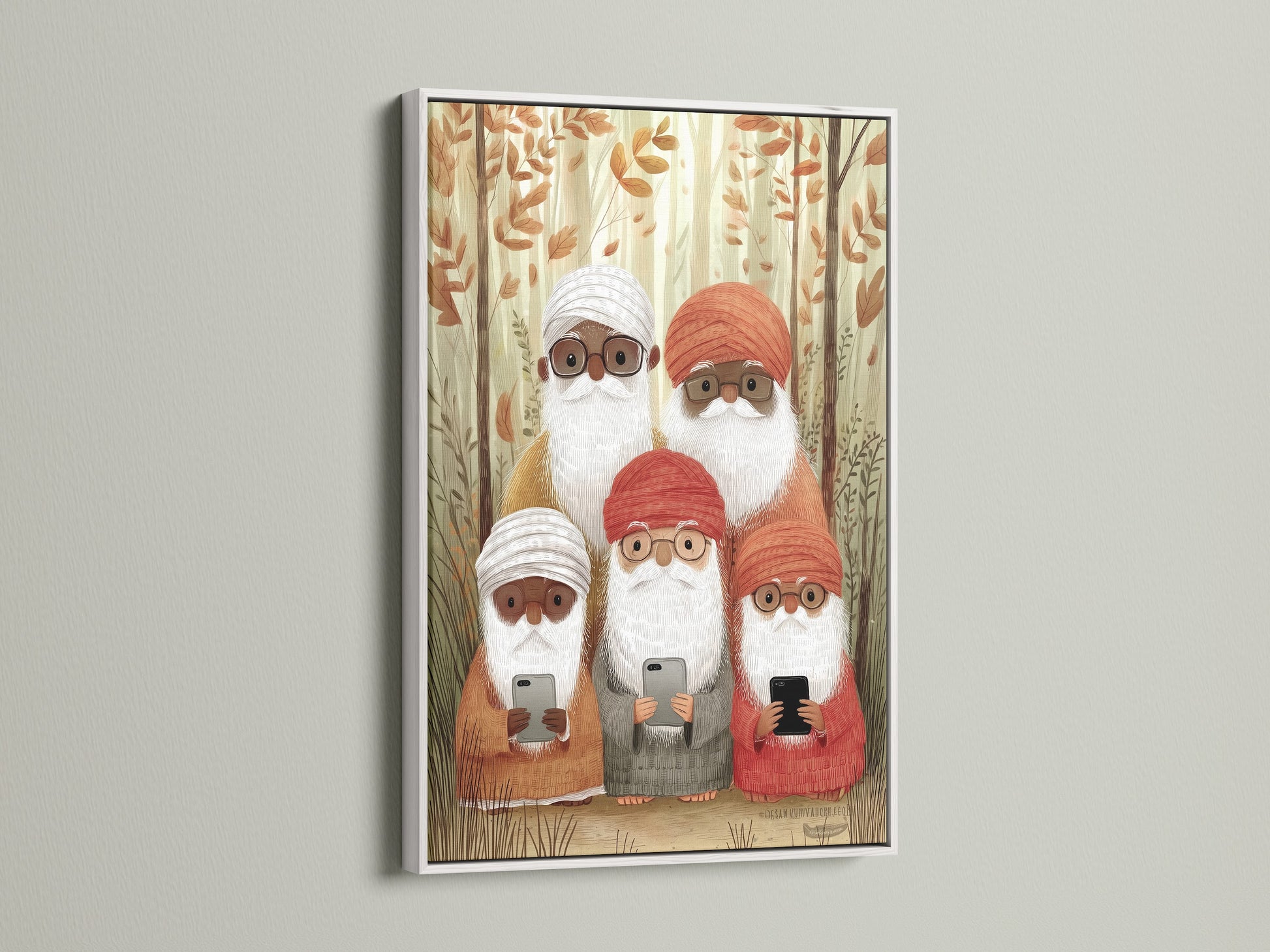 Gnome family artwork presented in a white frame. The art captures a cozy autumn forest scene. The gnomes add a touch of playfulness to the serene landscape. Ideal for brightening up a kids room or nursery.