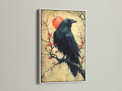 Raven Canvas Print with a White Frame. The bird on a cherry blossom branch is a stunning piece of Japanese decor. This zen wall art is perfect for living room wall art. Also great as bedroom wall decor.