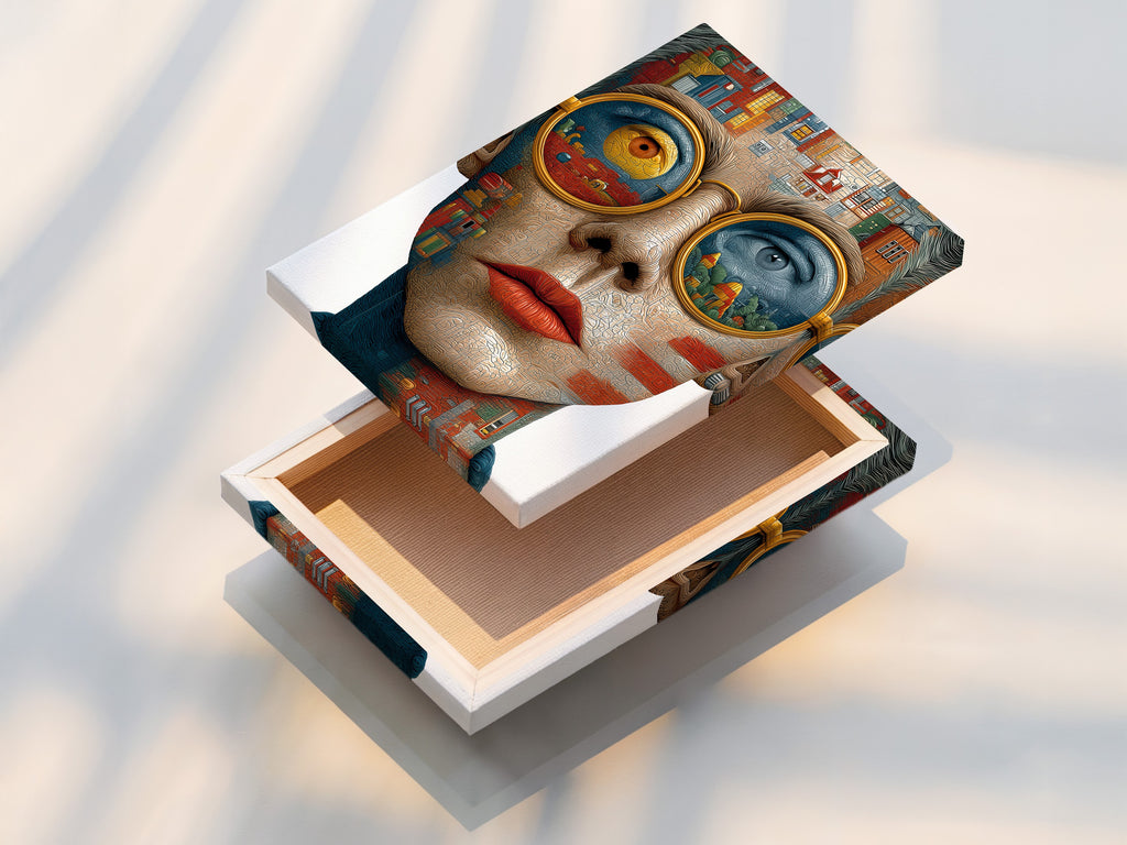 A stretched canvas print of a surreal portrait artwork. This abstract woman face wall art is a contemporary digital artwork. The stretched canvas provides a gallery-worthy appearance. It is ready to hang and adds a touch of sophistication to any space. Ideal for home office decor.