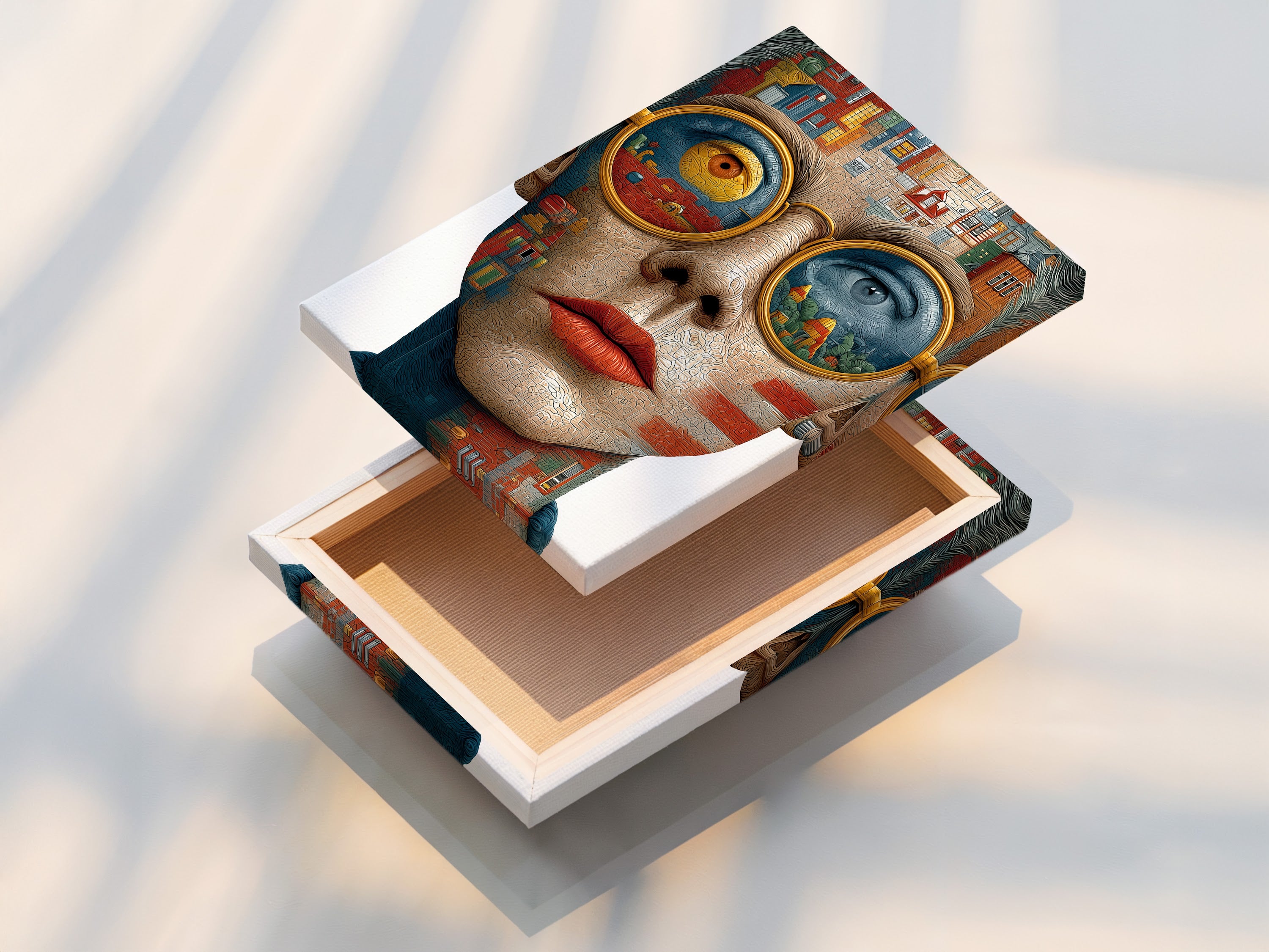 A stretched canvas print of a surreal portrait artwork. This abstract woman face wall art is a contemporary digital artwork. The stretched canvas provides a gallery-worthy appearance. It is ready to hang and adds a touch of sophistication to any space. Ideal for home office decor.