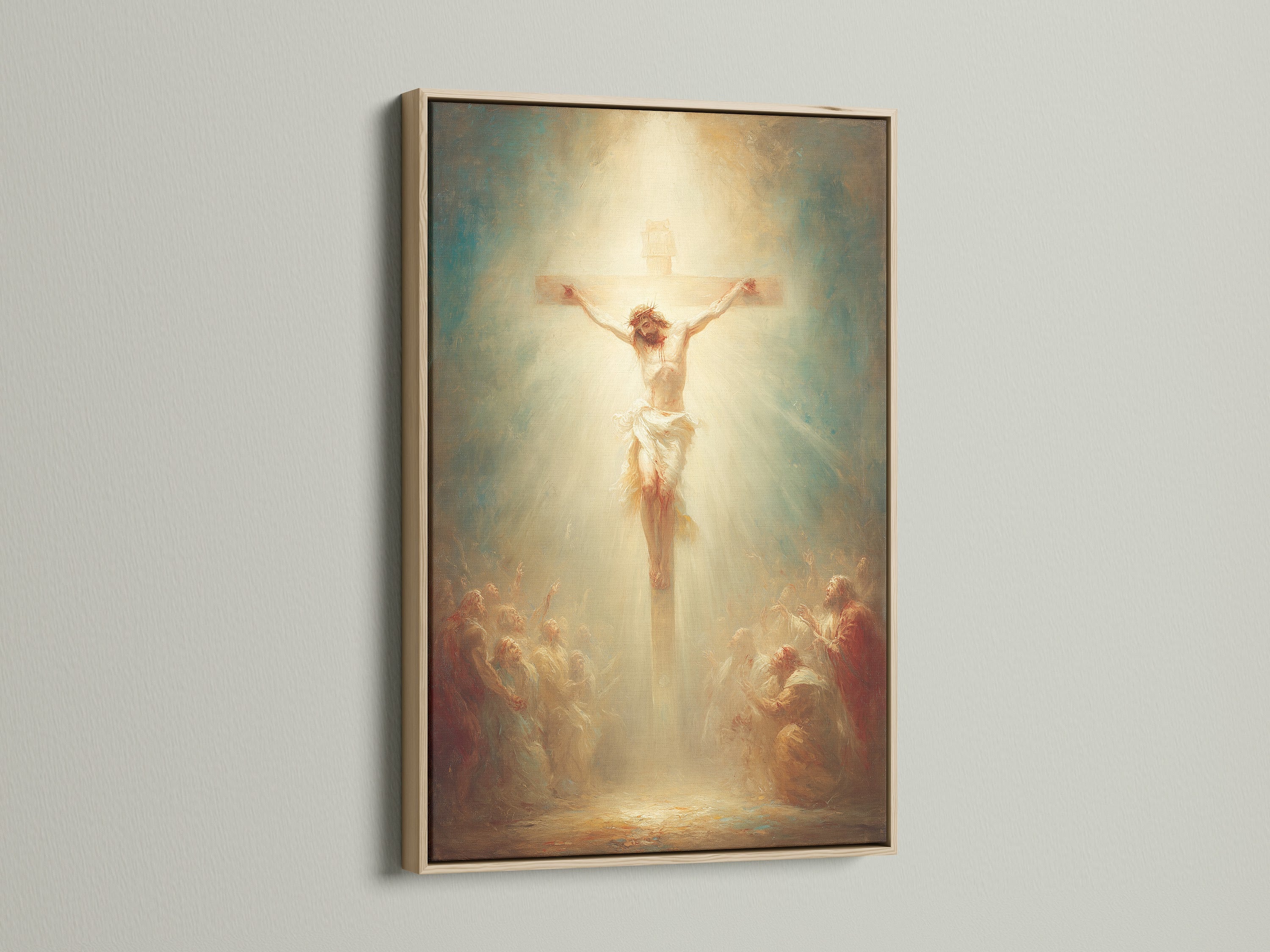 This artwork features Jesus on the cross. It is beautifully displayed in an oak frame. The frame enhances the artwork's beauty. Our oak frames add a touch of warmth to any room. Discover the perfect frame to showcase your cherished artwork. Enjoy timeless elegance with our oak frame options.
