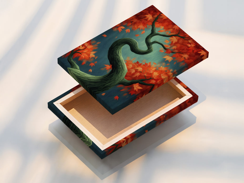A stretched canvas print displays a Japanese style Autumn Tree. The artwork features fall foliage with teal and orange colors. Ideal for bedroom wall decor. This nature canvas art creates a calming zen atmosphere in any room.