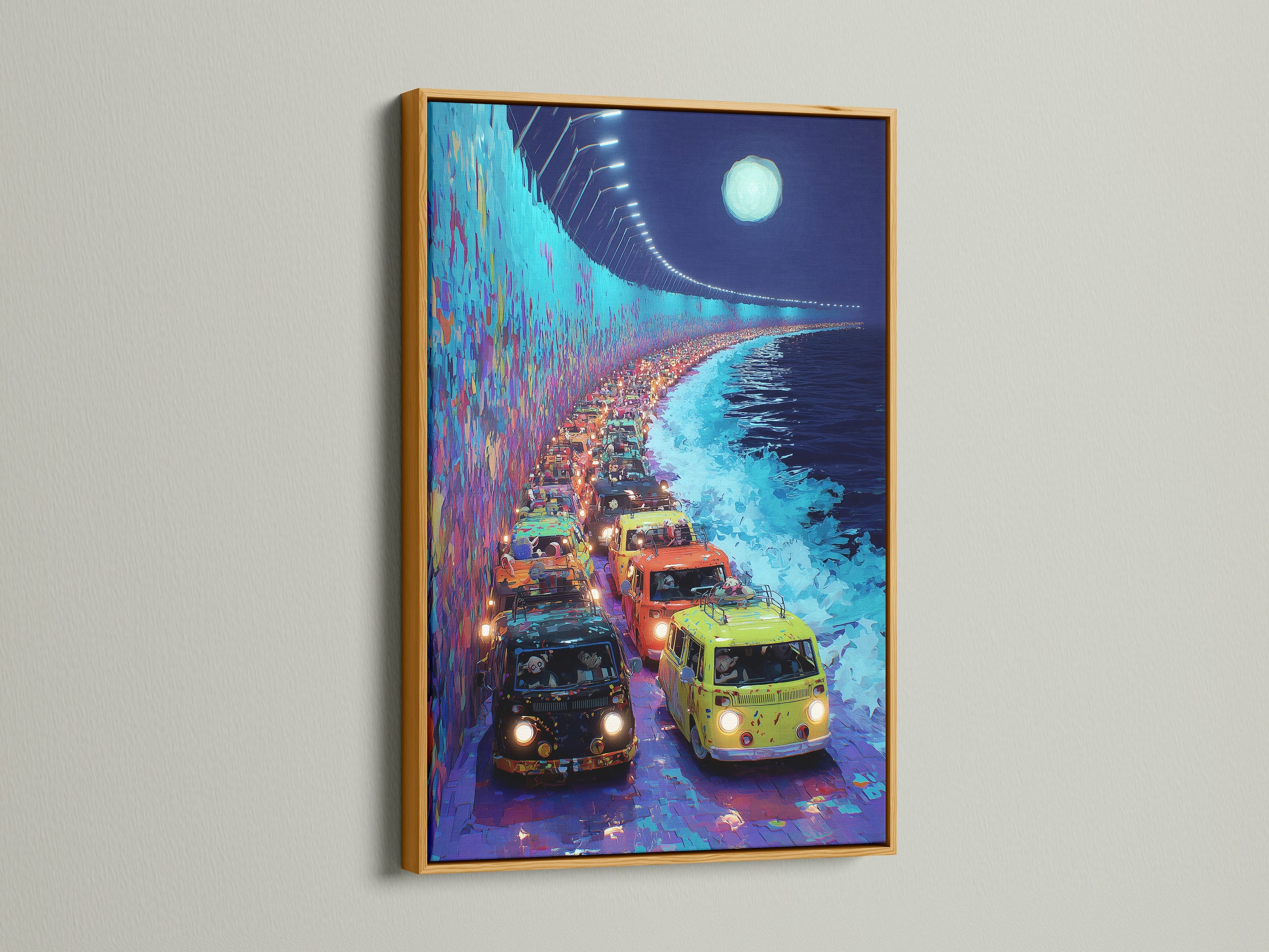 Retro van coastal highway artwork with a gold frame. The gold frame enhances the retro travel art. The vintage vehicle poster is ideal for eclectic styles. This turquoise art adds a pop of color. The road trip print is a great addition to any space.
